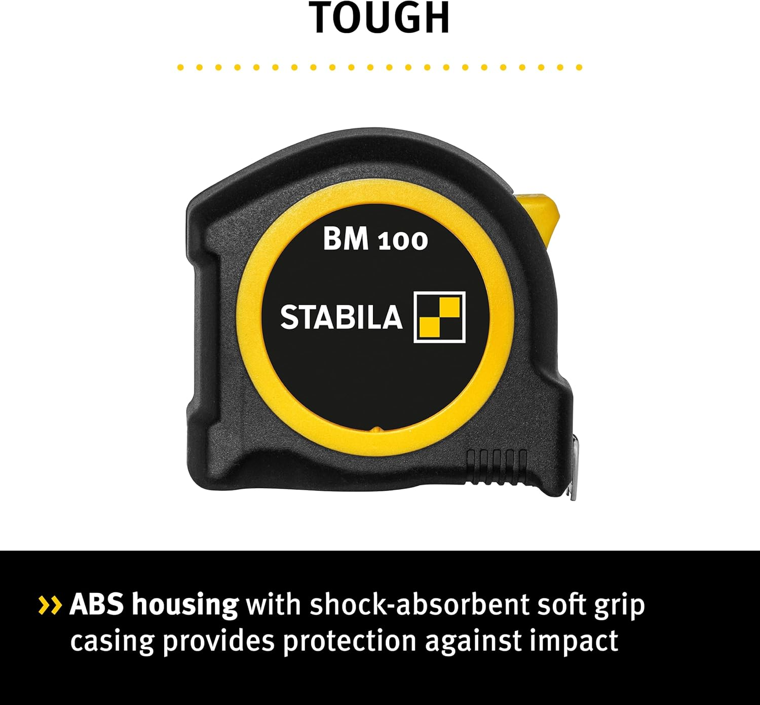 STABILA Pocket Tape Measure BM 100 3M 1000 Metric Scale - Shatterproof ABS Housing, Movable Initial Hook, Belt Clip, MID Accuracy