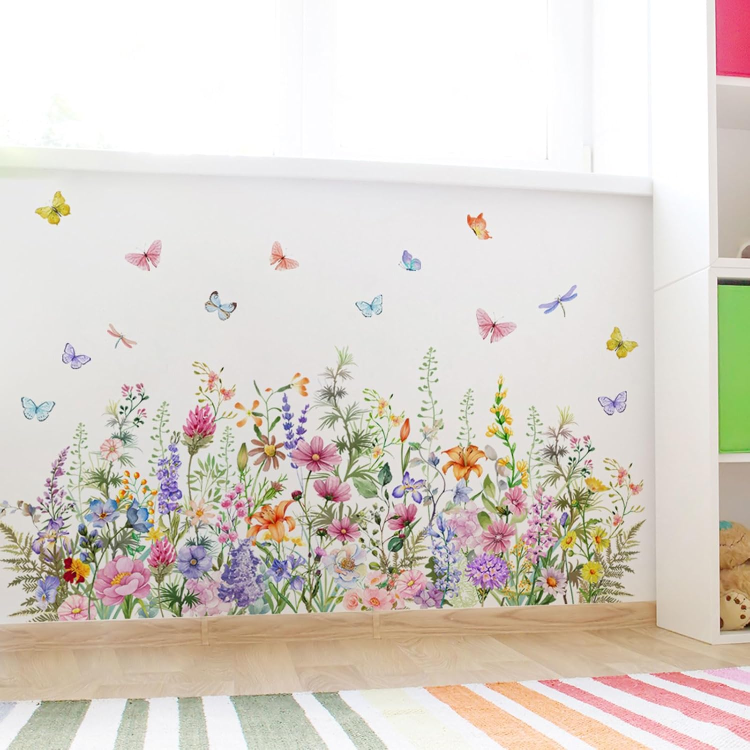 MIYALIONE Poppy Peony Floral Butterfly Corner Wall Stickers Peel and Stick Hanging Flower Plants Wall Decals for Bedroom Living Room Office Classroom Wall D&eacute;cor image number 1