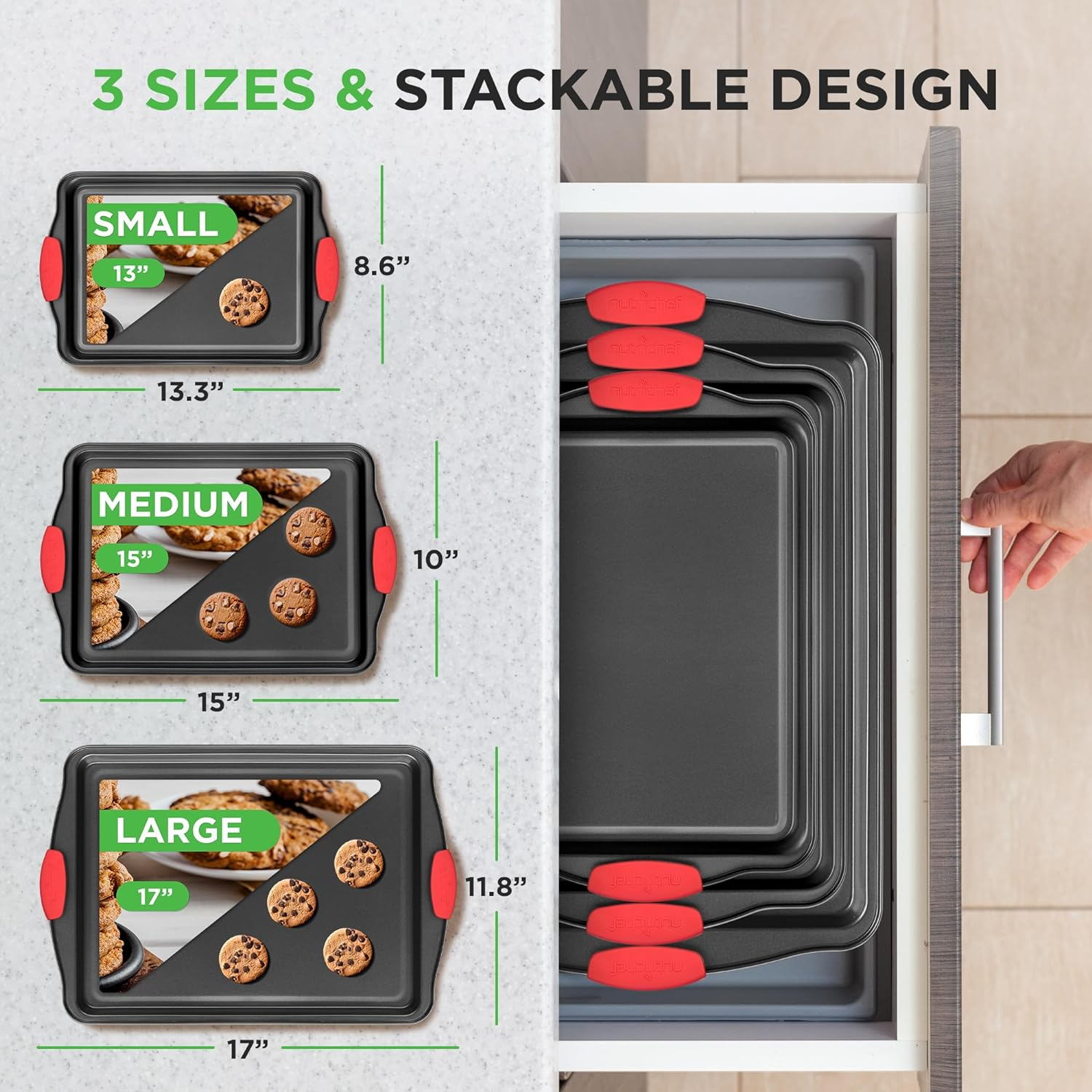 Nutrichef 3 Pc Baking Trays, Cookie Sheet, Nonstick Oven Tray Set, Carbon Steel Baking Sheets, Bakeware Set with Red Silicone Handles, Includes Small, Medium, and Large Sheet Pans image number 6
