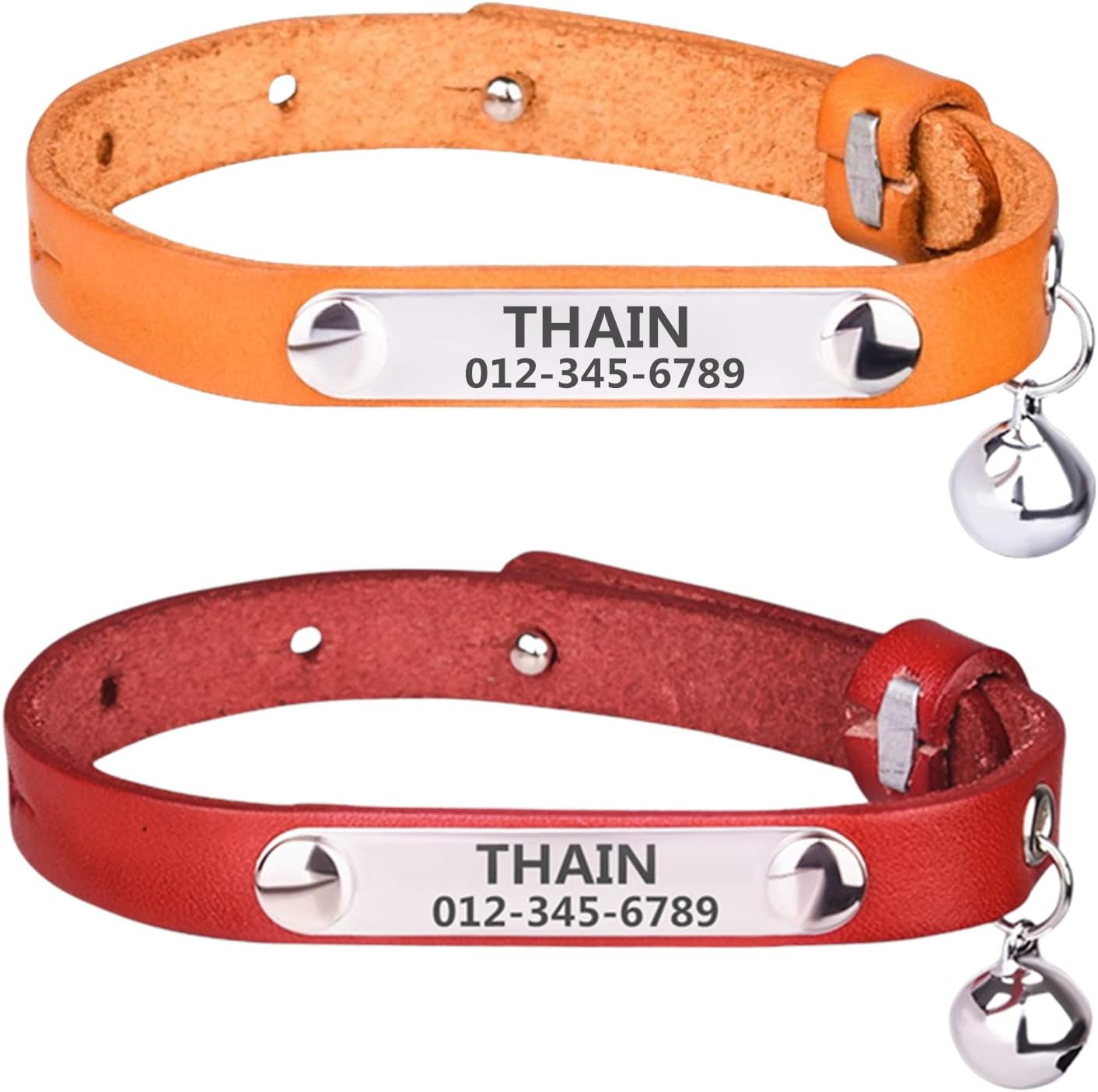 THAIN Cat/Kitten Collar Personalized Genuine Leather with Bell,Custom Nameplate 2Pack (Xs(Neck 6.3-8.6"), Orange+Red) image number 5