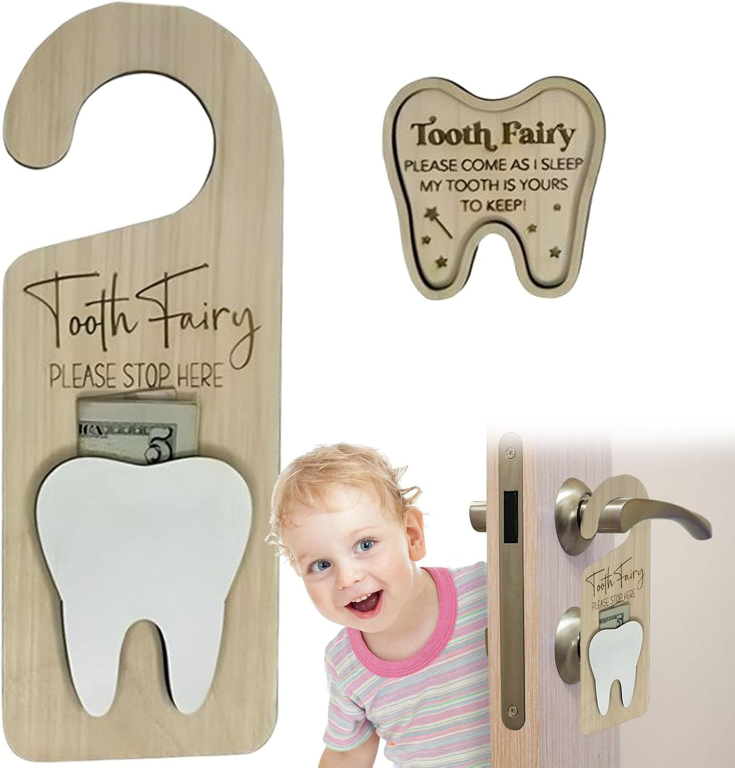 Kids Teeth Door Hanger,Wooden Lost Teeth Holder Collection Box with Locker - Kids Room Keepsake Tooth Holders for Home, image number 3