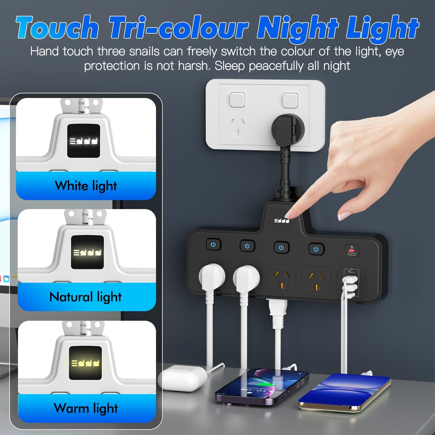 BOCHLION Power Strip with Independent Switches and Night Light Features Plug Extension Socket with 4 USB Ports (2 USB C and 2 USB A), Household Wall Socket Plug Extender, Travel. (Black)