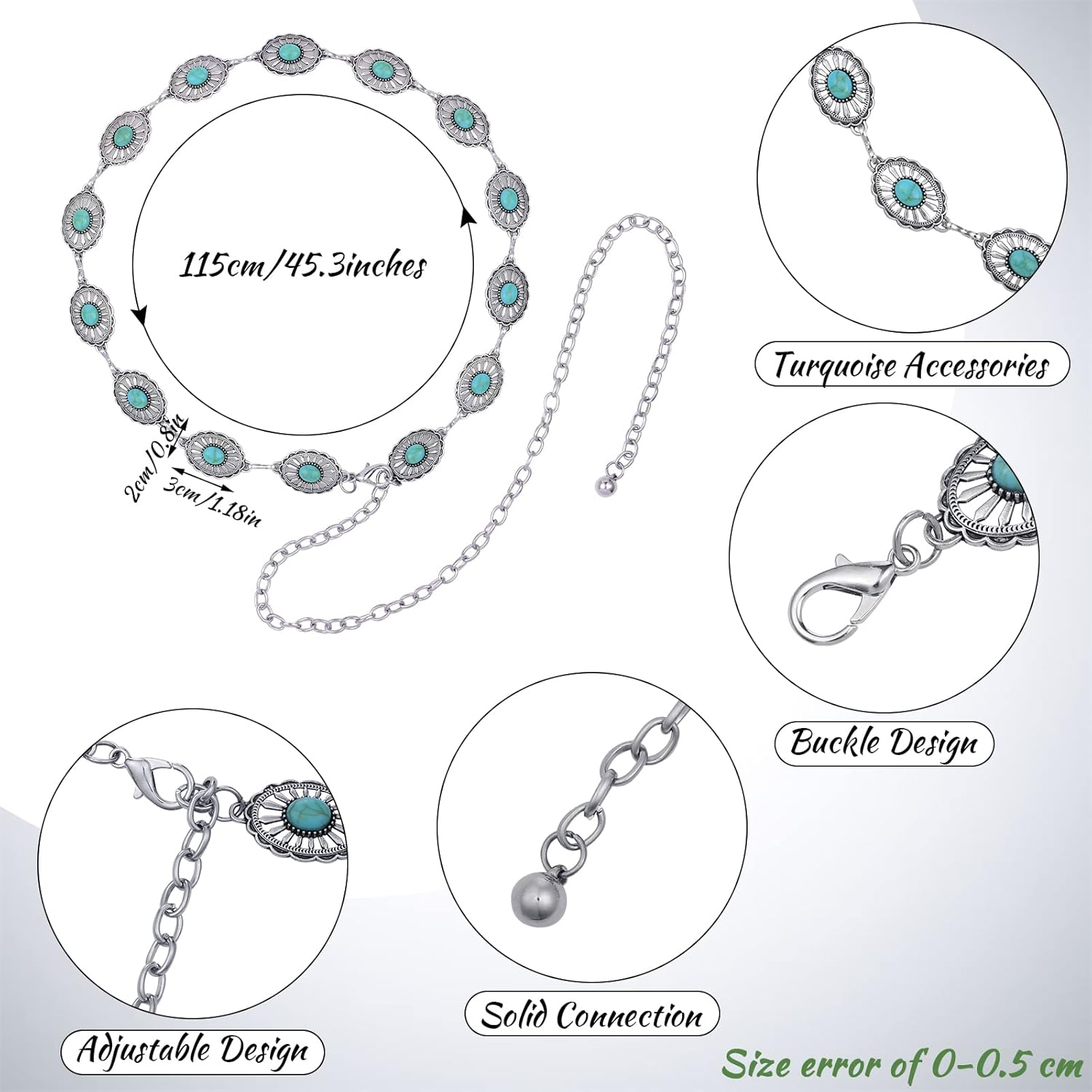 Junkin 2 Pcs Women Concho Western Chain Belts Turquoise Chain Belts Antique Western Waist Belts Country Metal Belt Link Belt image number 3