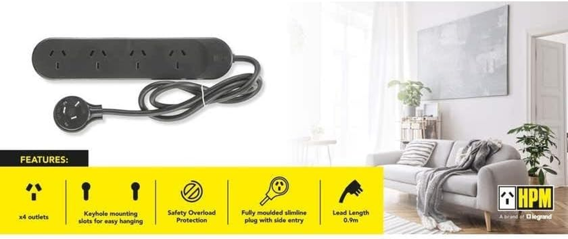 HPM Standard 4 Outlet Powerboard Black image number 4