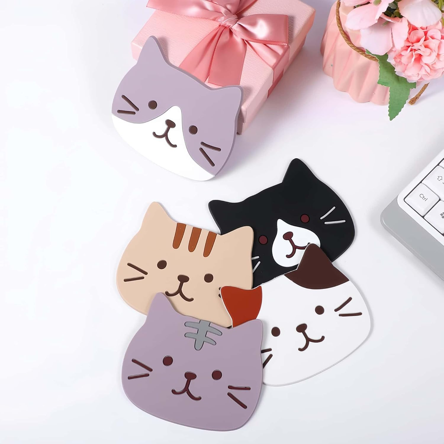 HOLADAWN 5Pcs Cat Silicone Drink Coaster Set, Non-Slip Heat-Resistant Drink Coasters for Coffee & Bar, Gifts for Cat Lovers