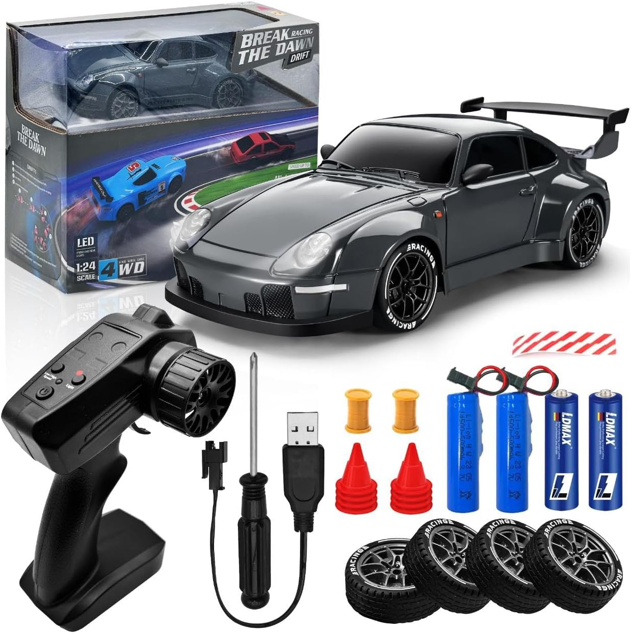 Yakts Premium RC Drift Car, 1:24 Remote Control Car with LED Lights, 20KM/H 4WD High Speed RC Car, Two Batteries, Extra Drifting Tires, Enjoyment Vehicle for Adults Boys Girls and Kids image number 4