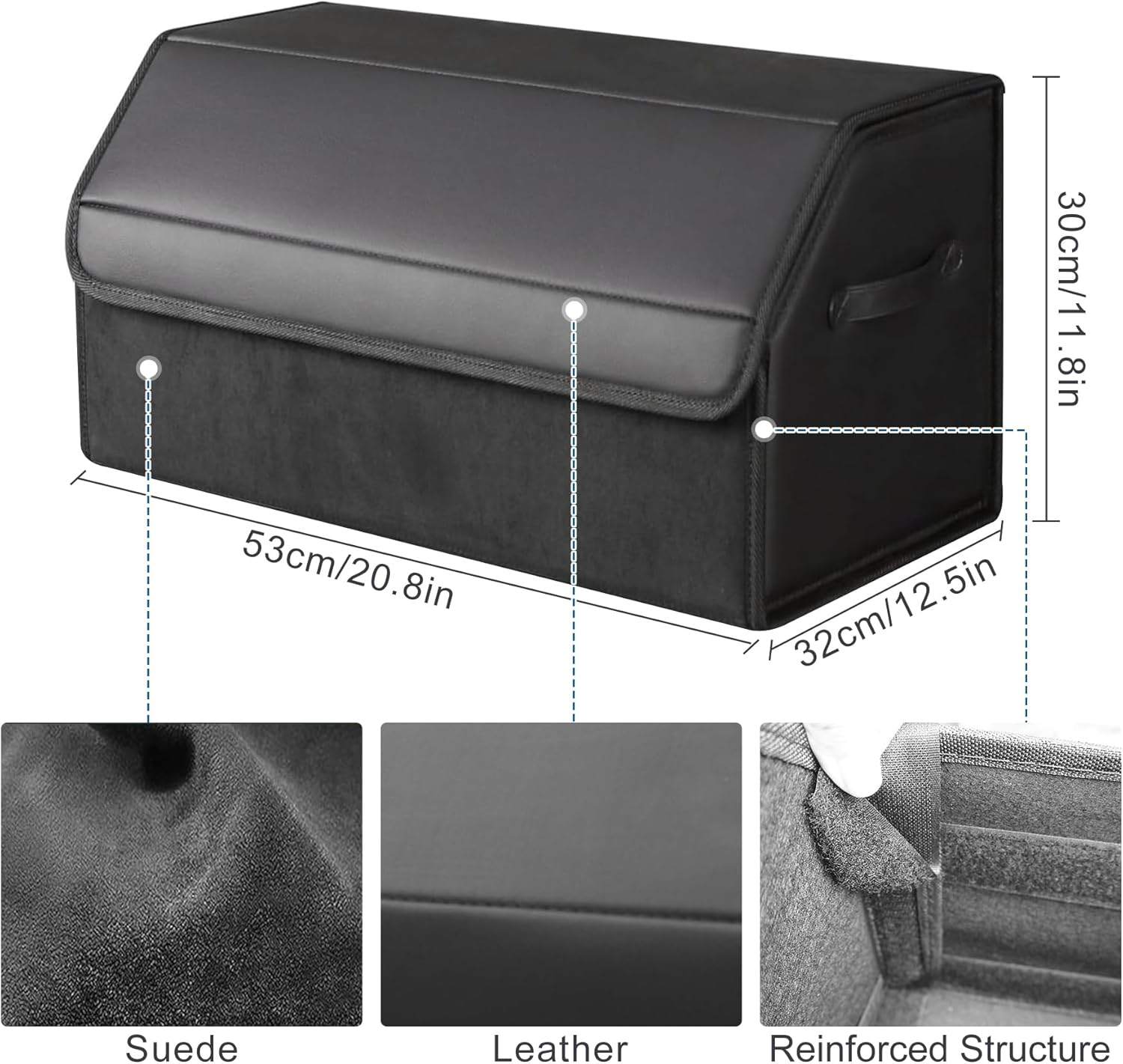 Trunk Organizer for SUV Sedan, Car Boot Organizers, Suede Nappa Leather Storage Box, Collapsible Adjustable Multi Compartment Magnetic Lid, Car Storage Boot Tidy Organizer Accessories (Black) image number 1