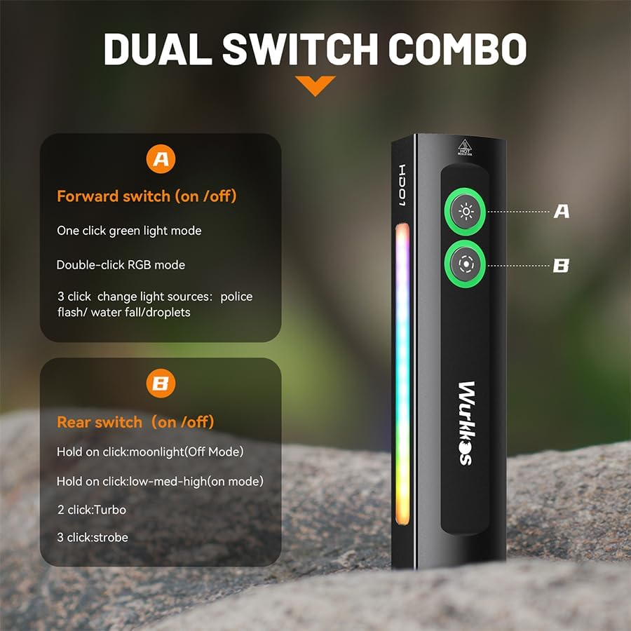 Wurkkos HD01 Flat EDC Flashlight with RGB Light and Green Beam,1200 Lumens Rechargeable EDC Flashlight,Triple Light Sources Pocket Lights,Magnetic Flashlight for Outdoors,Work,Emergency - Hd01 - Black image number 5