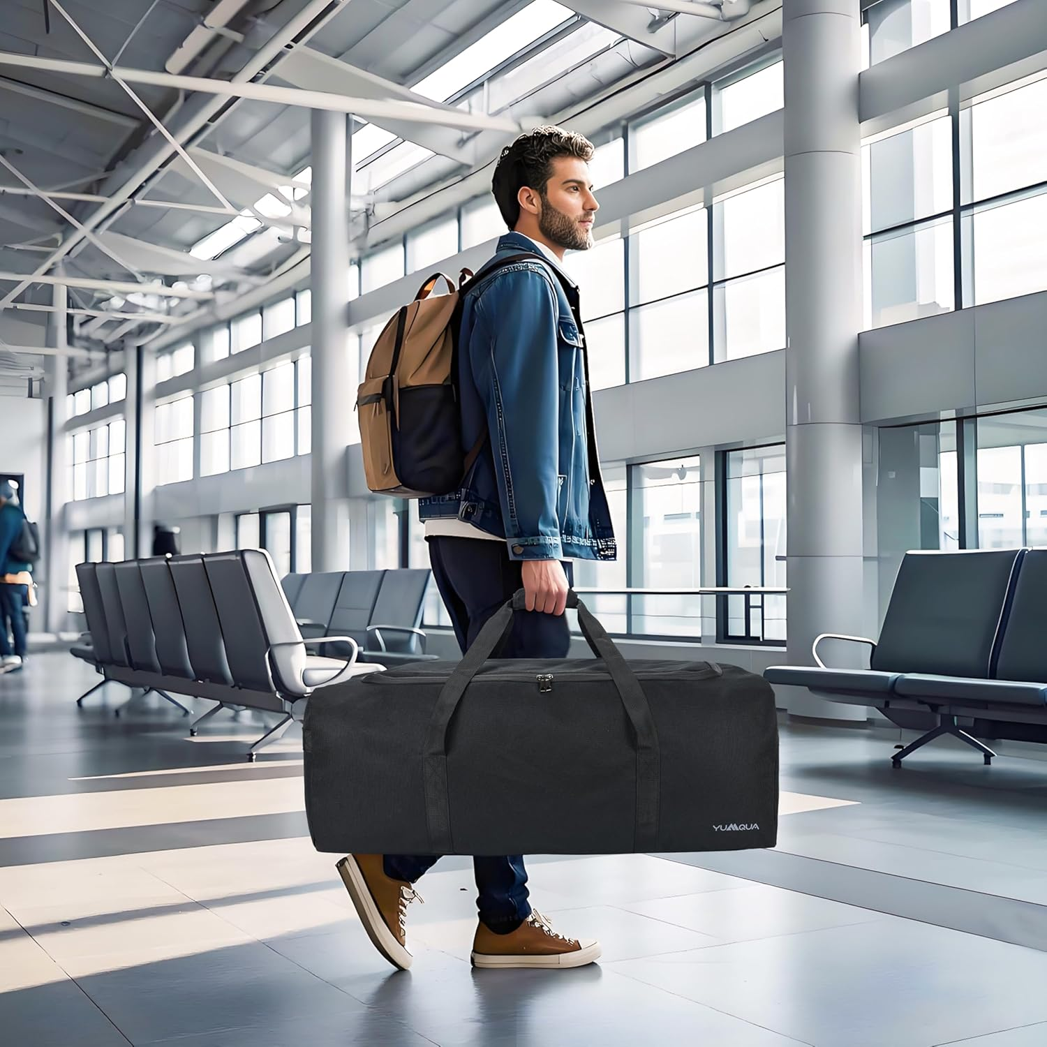 Extra Large Duffle Bag for Travel, 100L Duffle Bag for Men Large Duffel Bag Water & Tear Resistant Women Weekender Bag W/Shoulder Strap for House Moving Travel Essentials Camping Gear Storage, Black, - Gray image number 5