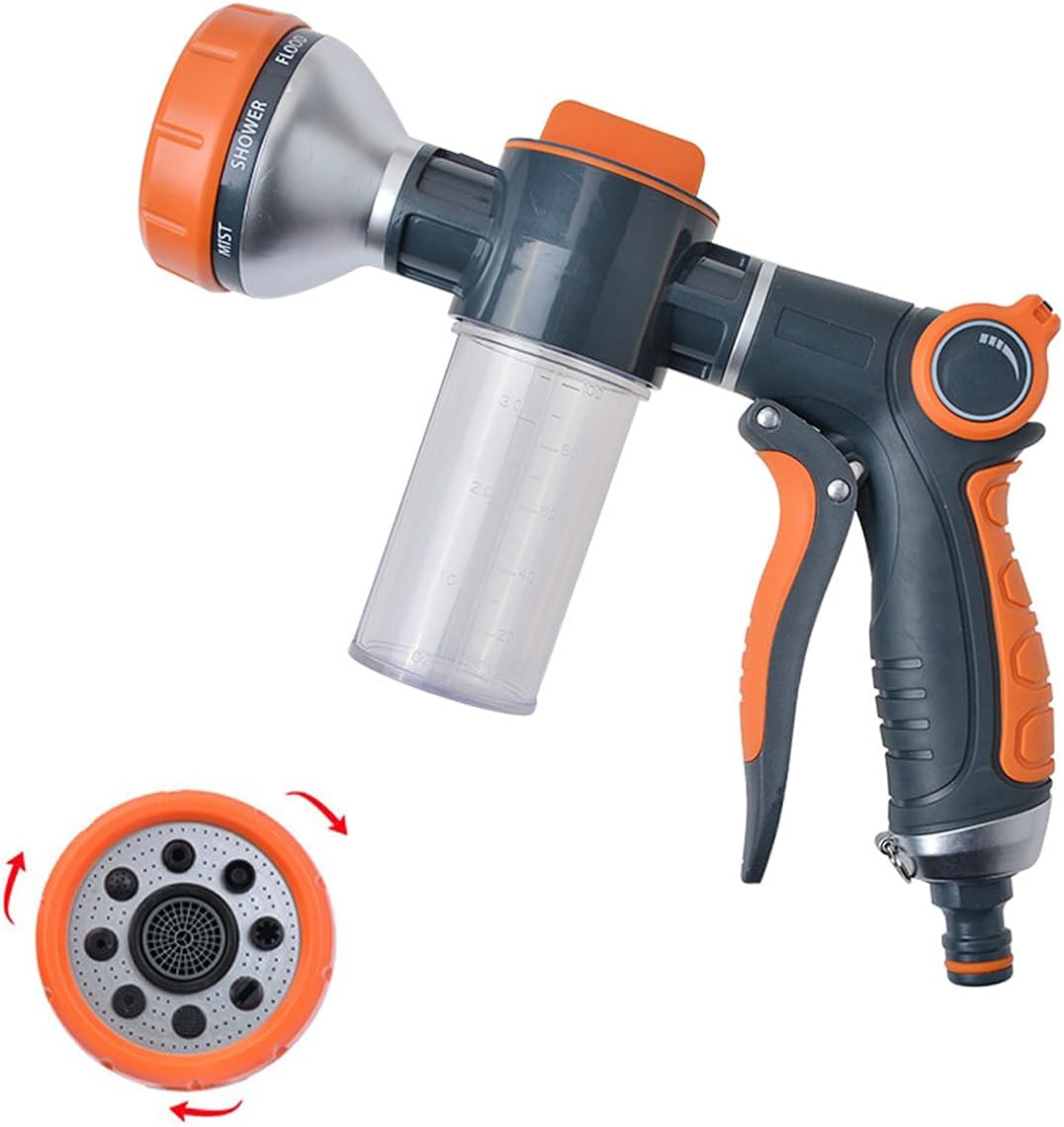 Car Wash Sprayer,9 in 1 Watering Patterns Car Wash Hose Attachment Garden Hose Nozzle with Soap Foam Dispenser for Garden Plants Watering Dog Washing House Cleaning (Orange)
