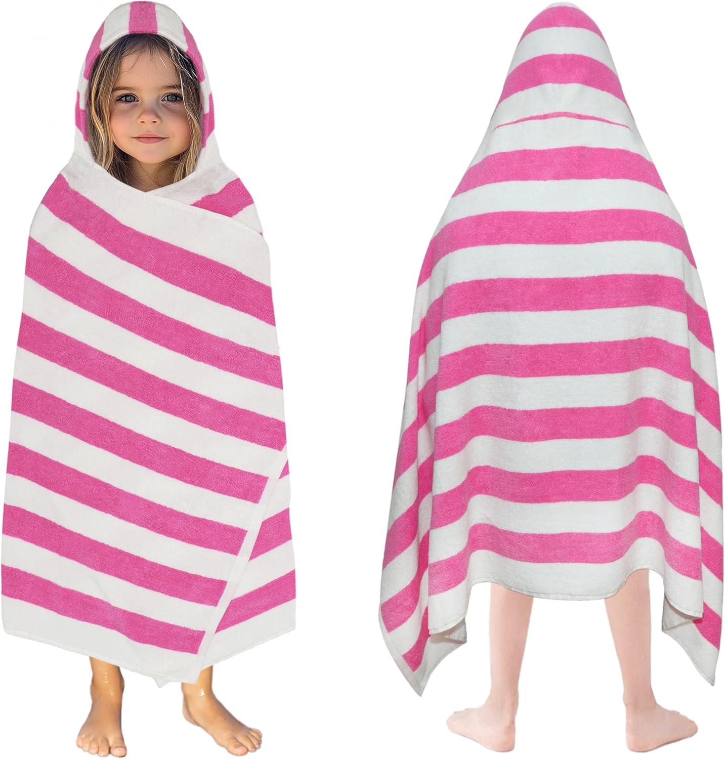 Original Kids Hooded Bath Towel Wrap - 100% Cotton Terry Large Oversized Hooded Kids Towel - Toddler Shower Pool Beach Towel - Soft Plush Absorbent Quick Dry Easy Care Gift -30X60- Cabana Stripe Pink