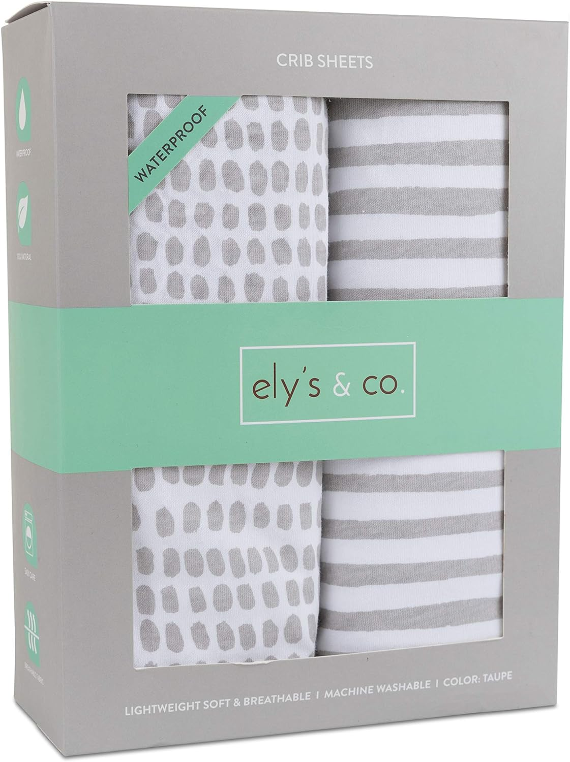 Ely'S & Co Waterproof Crib Sheet | Toddler Sheet No Need for Crib Mattress Pad Cover or Protector I Taupe Splash and Stripes By image number 3