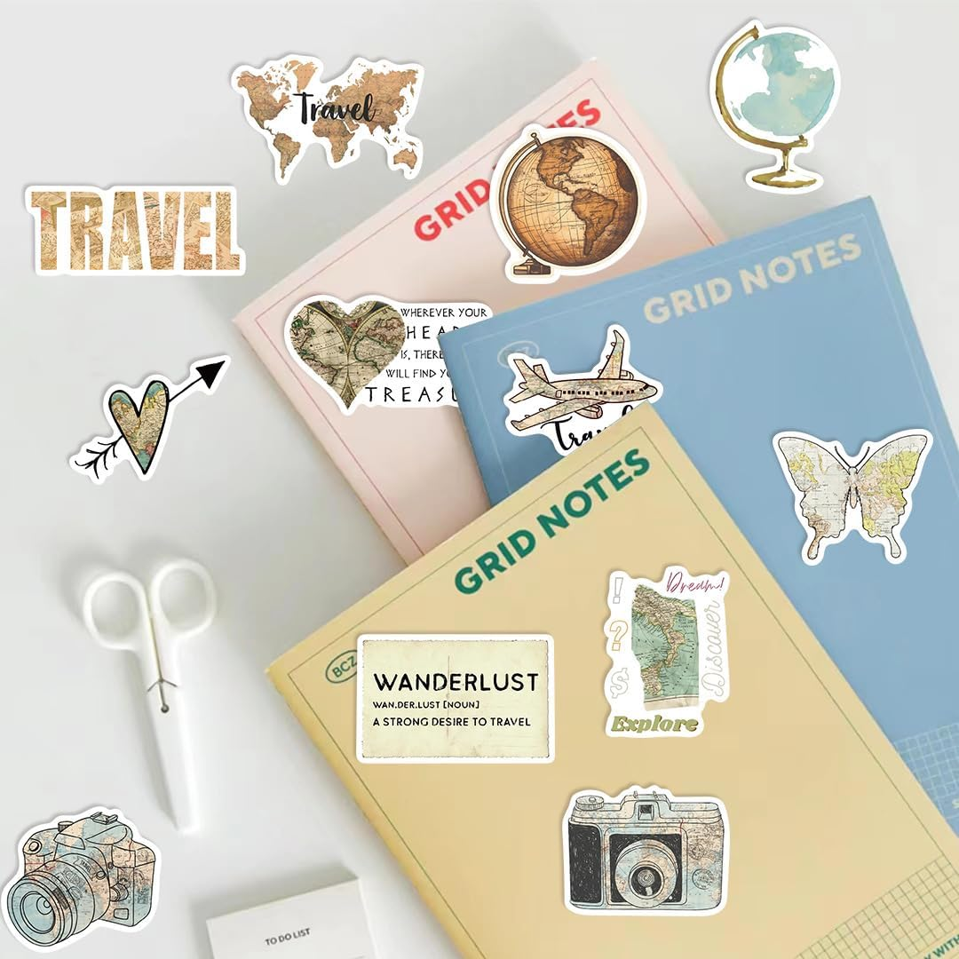 50 Pcs Travel Clock Map Stickers for Teens Girls Boys Child Adults,Retro Tourism Stickers for Laptop,Water Bottles,Bicycle,Skateboard,Computer,Waterproof Vinyl for Wall,Graffiti Stickers Pack image number 3