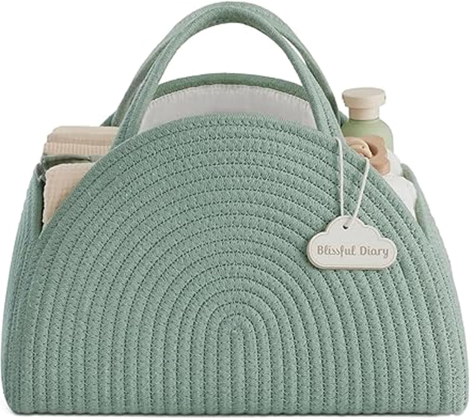 YUEMING Nappy Caddy, Baby Nappy Caddy Organiser, Cotton Rope Newborn Essentials Diaper Caddy with Dividers, Portable Baby Caddy Storage Basket, Nappy Caddy Organiser Baby (Green) image number 6