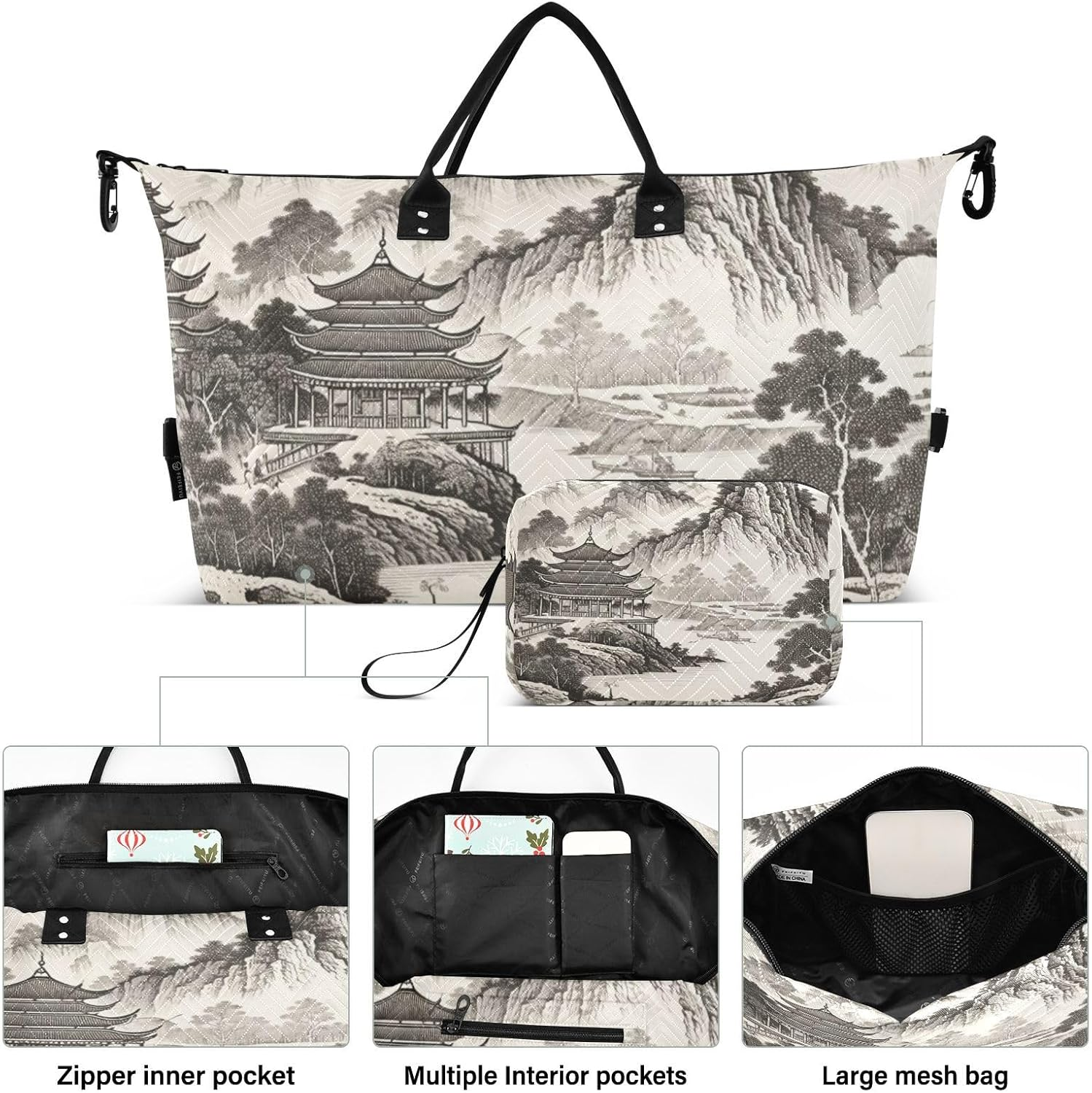 XYMZR Large Travel Duffel Bag, Chinese Landscape Paint Sports Tote Gym Bag, Shoulder Weekender Overnight Bag for Women Men, Carry on Luggage with Toiletry Bags, Multi-Colored image number 2