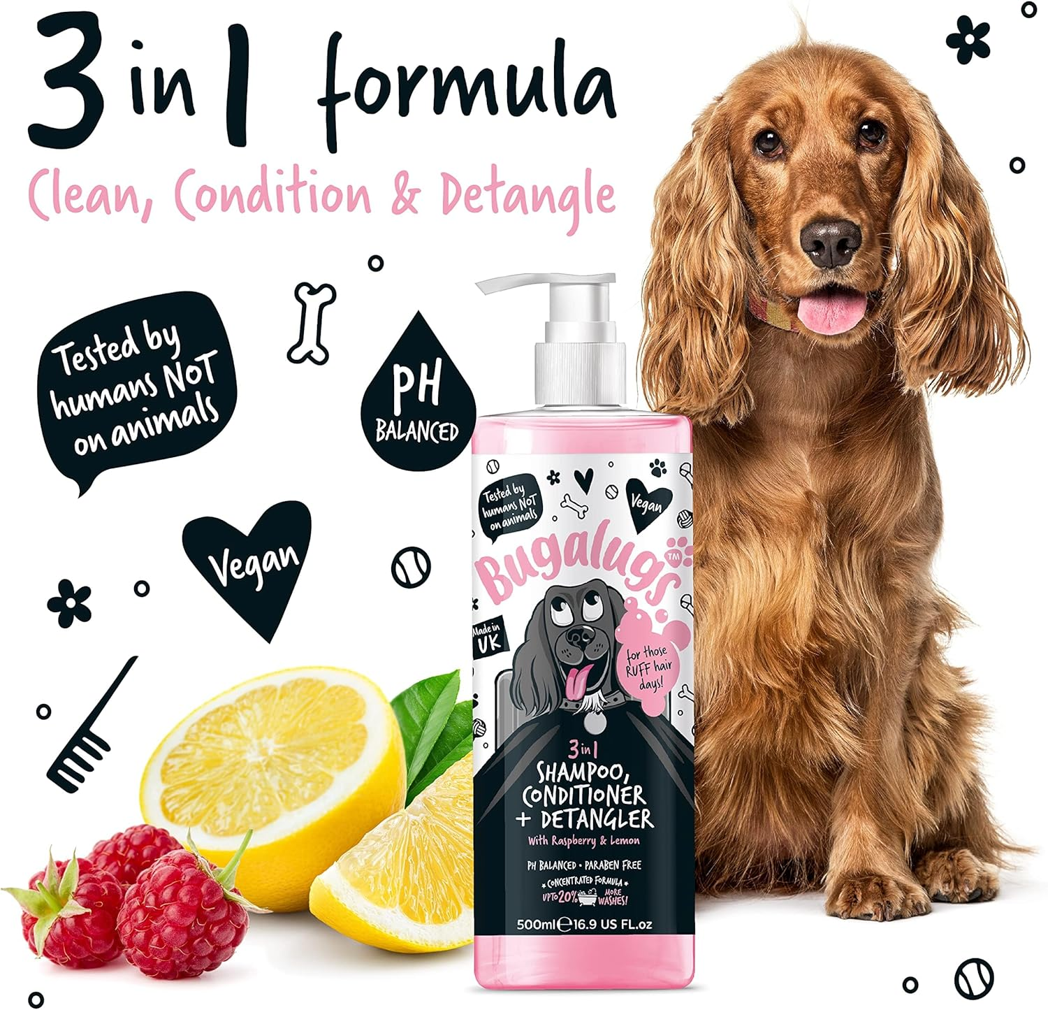 BUGALUGS Dog Shampoo 3 in 1 Shampoo, Conditioner & Detangler - Raspberry & Lemon Dog Perfume Grooming Products for Smelly Dogs, Best Dog Coat Puppy Shampoo, Pet Accessories (Shampoo 500Ml) image number 2