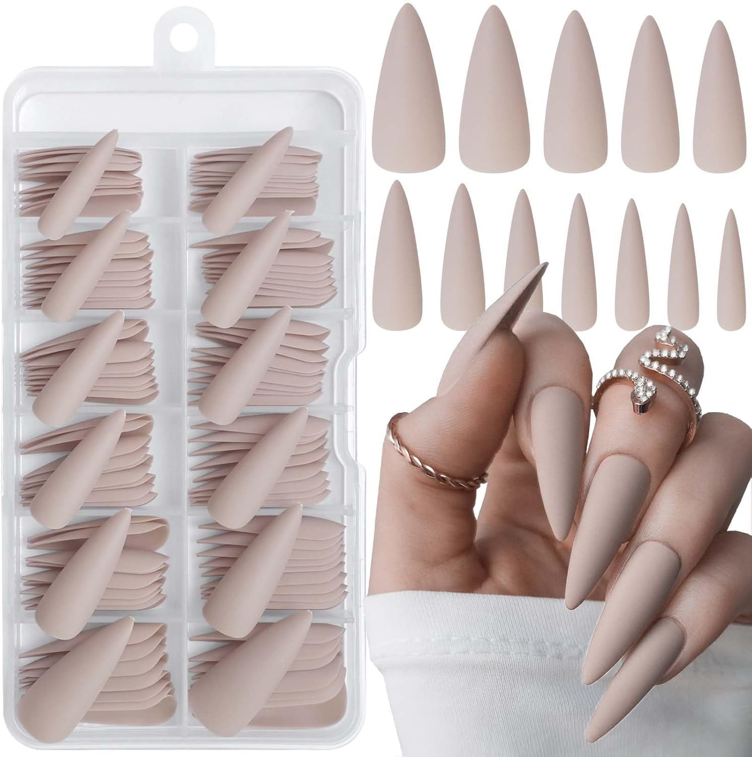 Loveourhome 100Pc Stiletto Press on Nails Long Matte Artificial False Nails Full Cover Acrylic Nail Tips Halloween Manicure Design Decor for Women Girls Salon Home DIY (Black)