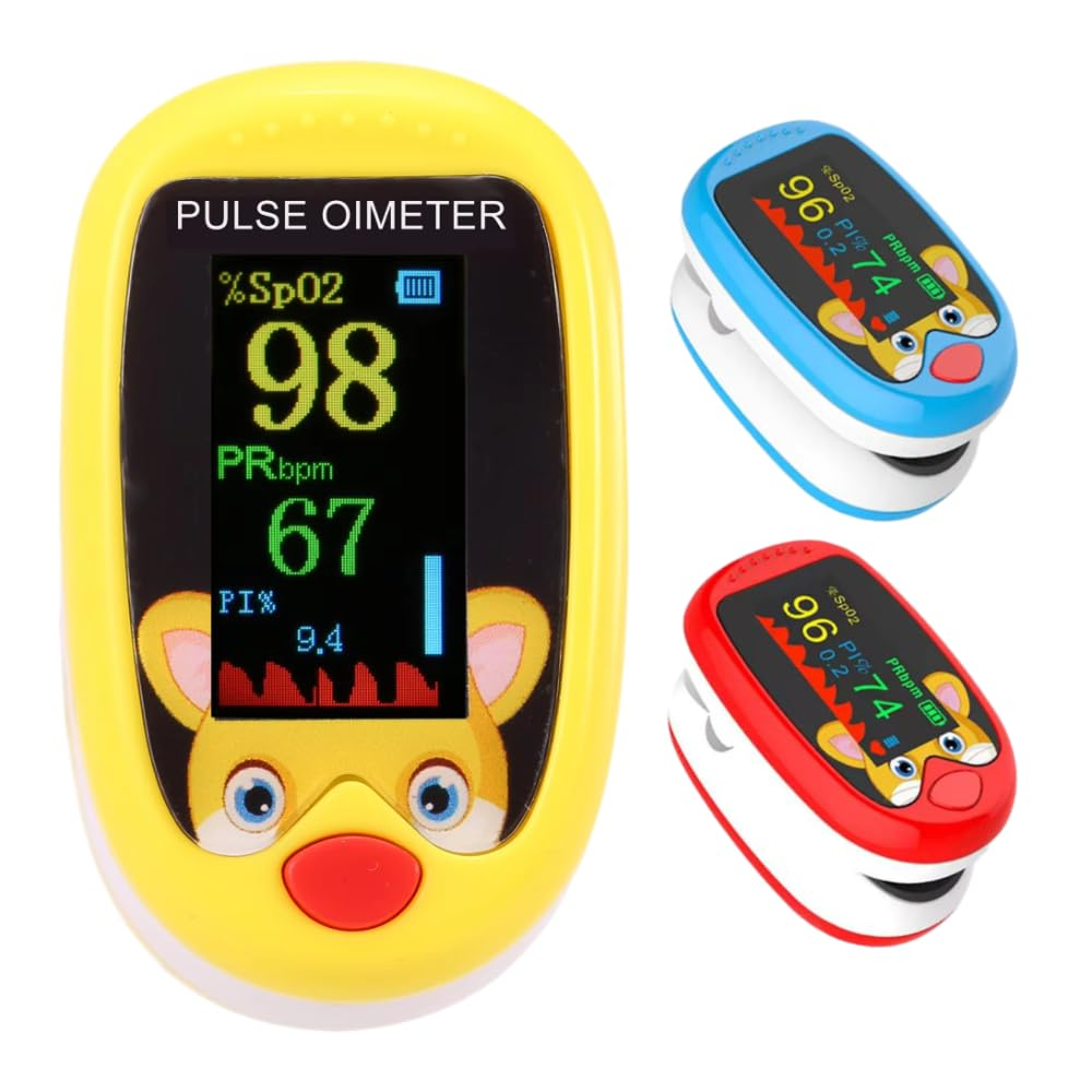 Cute Fox Finger Pulse Kids Oximeter Children Infants Babies Blue Red Yellow | Rechargeable Heart Rate Blood Oxygen Saturation Monitor Spo2 PI LED Display (Yellow)