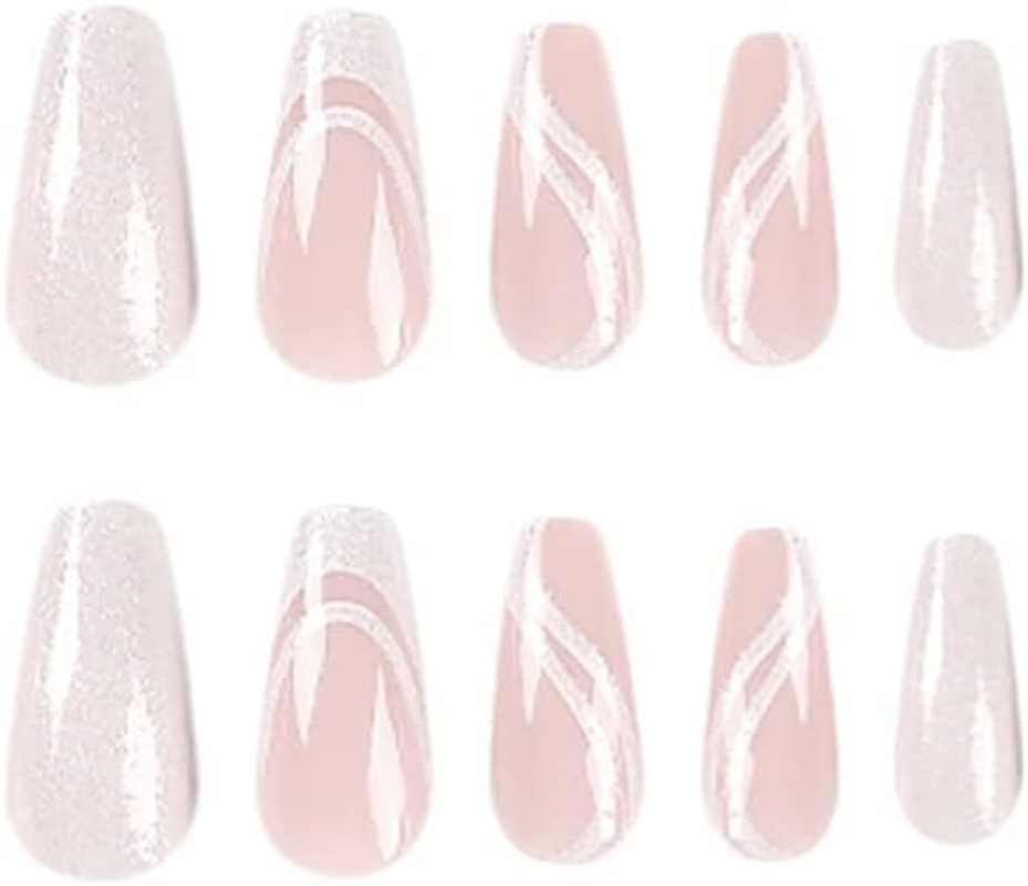 Pack of 24 White Nails for Sticking, Long, Coffin Glitter French Artificial Nails, Ballerina False Nails, Press on Nails, Acrylic Fingernails, Fake Nails Long for Women