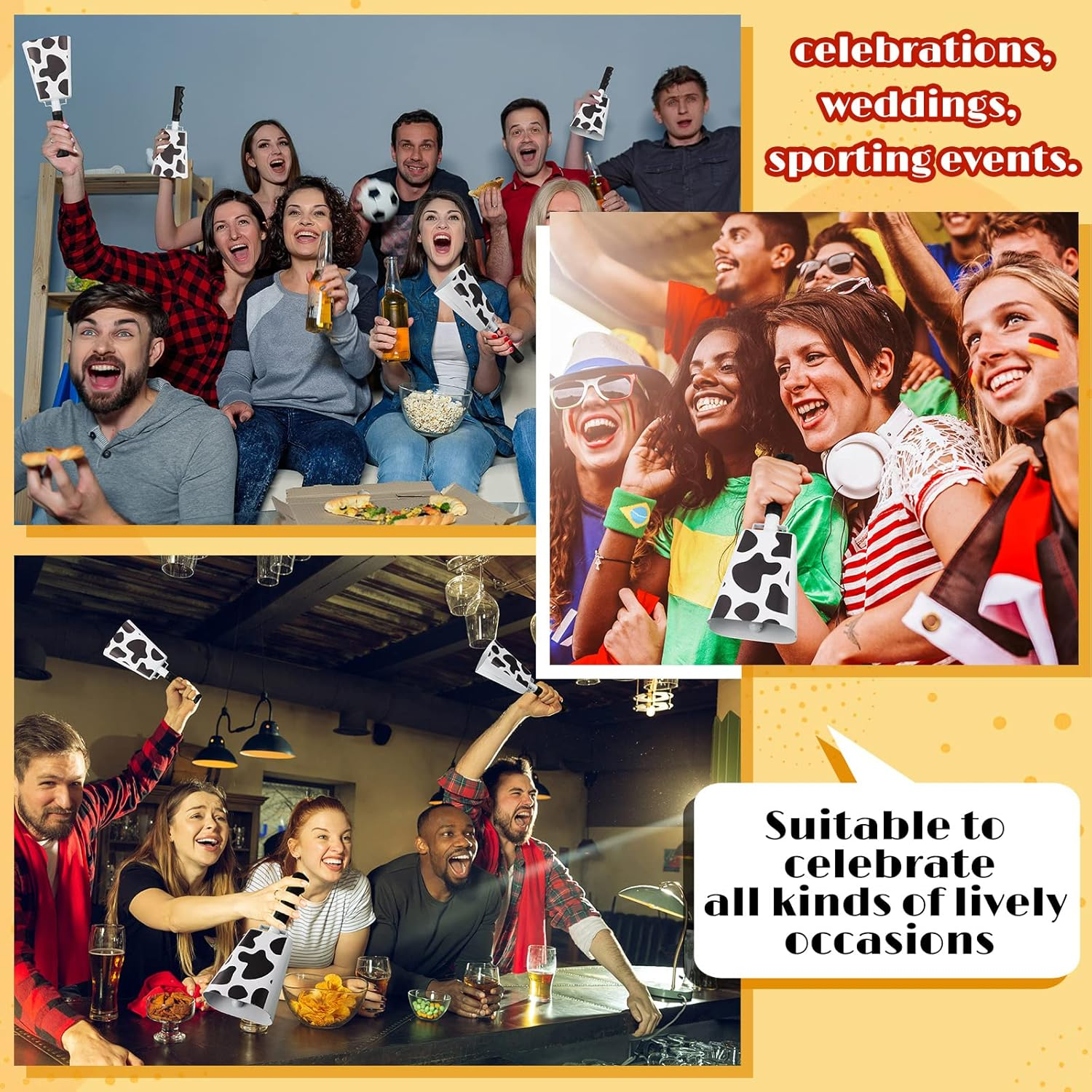 2 Pieces 10 Inch Steel Cowbell with Handle Cheering Bell for Sports Games Events Large Solid School Bells Metal Noise Maker Loud Percussion Musical Instrument Call Bell Alarm, Black and White image number 3