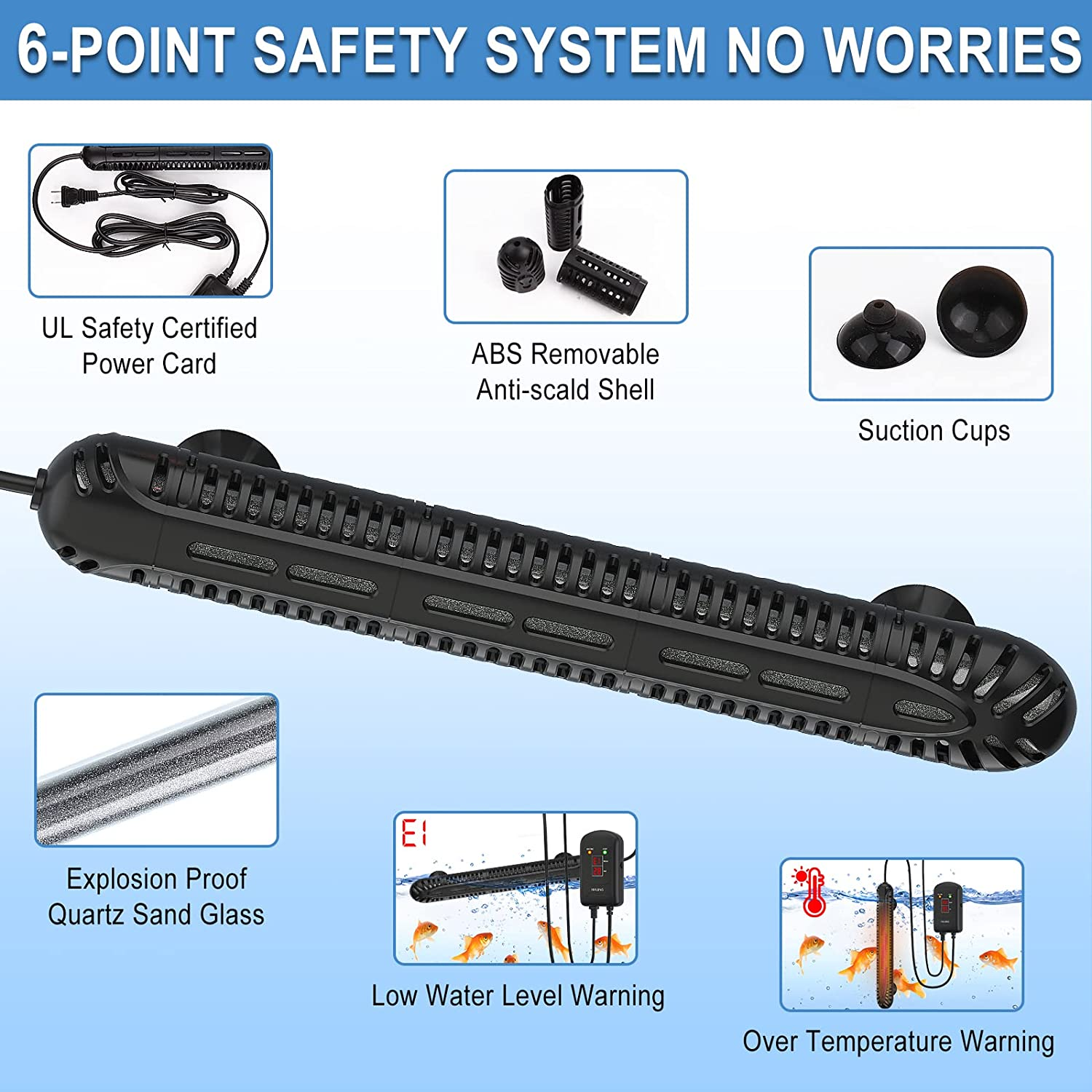 Hitauing Aquarium Heater,500W Fish Tank Heater with LED Digital Display & 5 Safety Protection,Submersible Aquarium Heater with 2 Suction Cup and 8.2Ft Cord for 75-120 Gallon Fish Tank.,(Hz-803-500W) image number 5