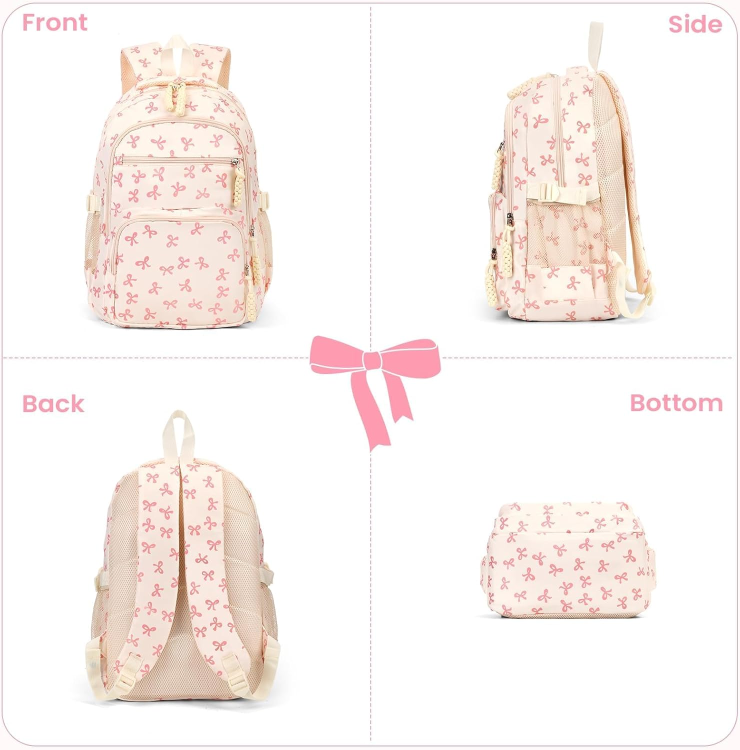 3PCS Bow School Bags for Girls, Cute Bows Backpack Set for School, Girls School Bag and Lunch Box Set, Kawaii Rucksack for Teenage Secondary Primary Middle School - A2 Bow Blue image number 2