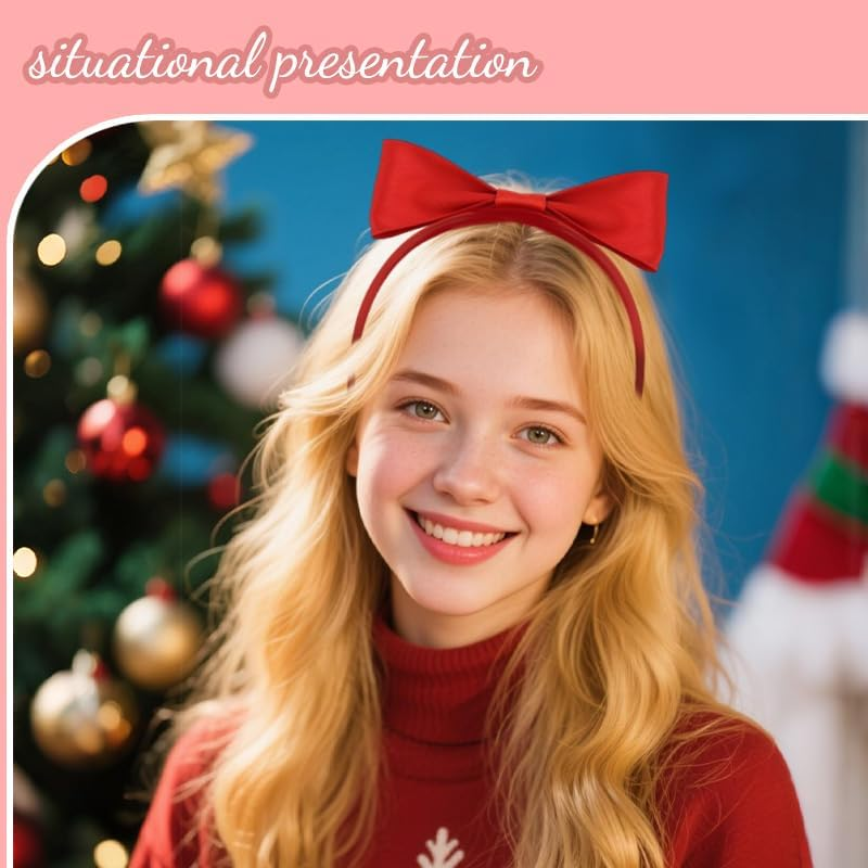 Bow Headbands for Women Red Bowknot Headband Hairband with Bow Head Bands for Women'S Hair Non Slip Christmas Headbands for Girls Women Cosplay Costume Accessories - Black image number 6