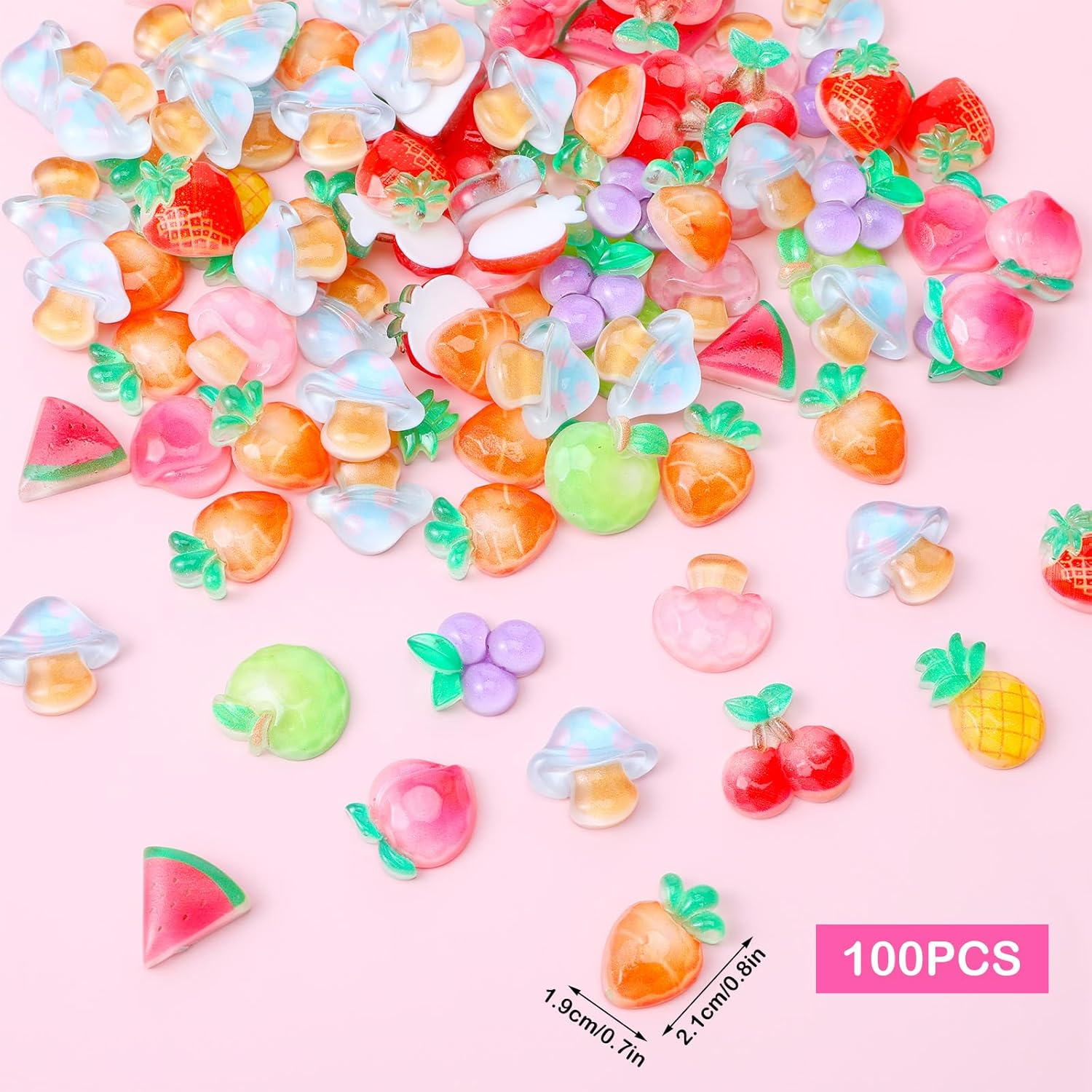 YBEATY 100PCS Charms Cute Set Sweet 3D Nail Nail Charm Mixed Flatback Resin Charms Color Fruit Watermelon Mushroom Peaches Grapes Charm for Art Decorations DIY Accessories Crafts Phone Case Ornament image number 2