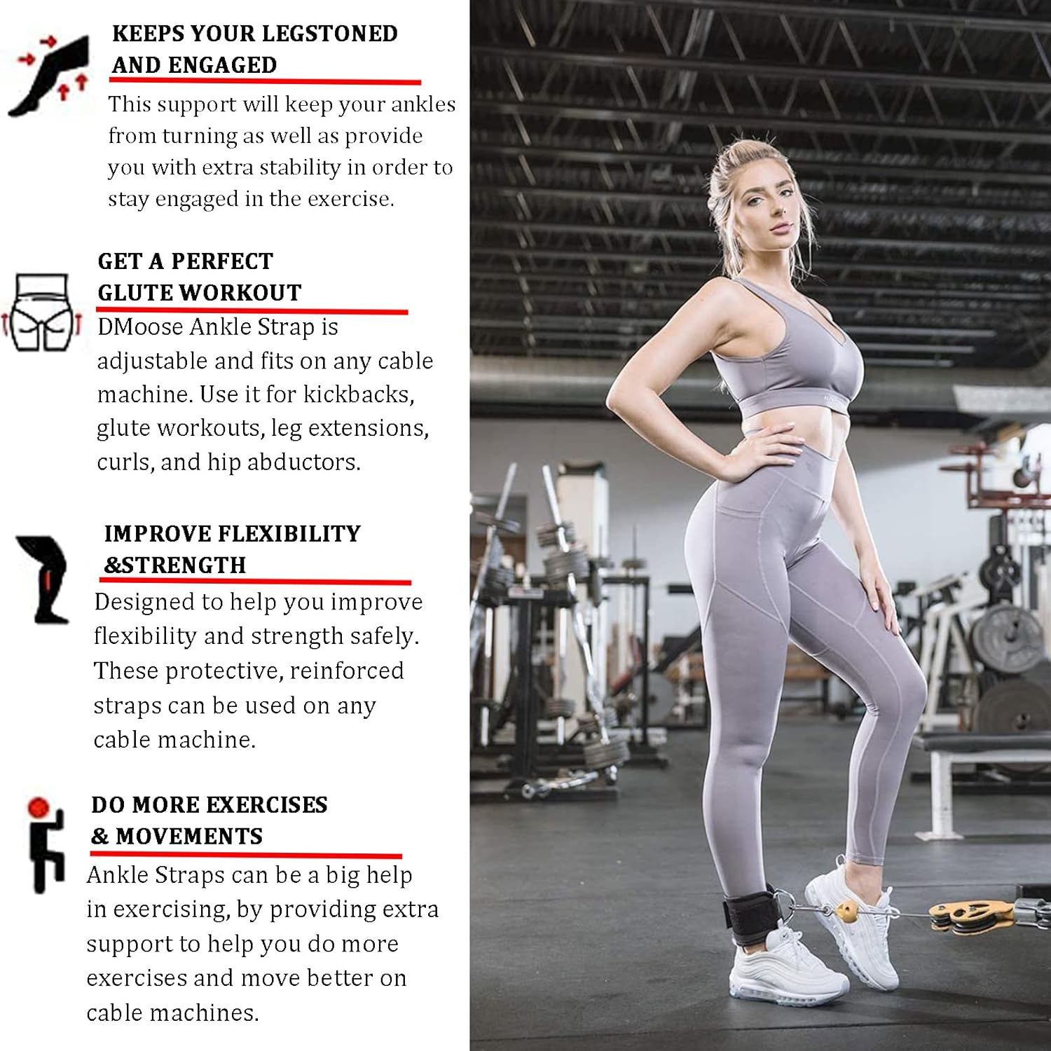 Ankle Straps for Kickbacks Men Women 1 Pair Adjustable Comfort Gym Ankle Straps with Double D-Ring for Glute Workouts Leg Extensions Lower Body Exercises image number 6