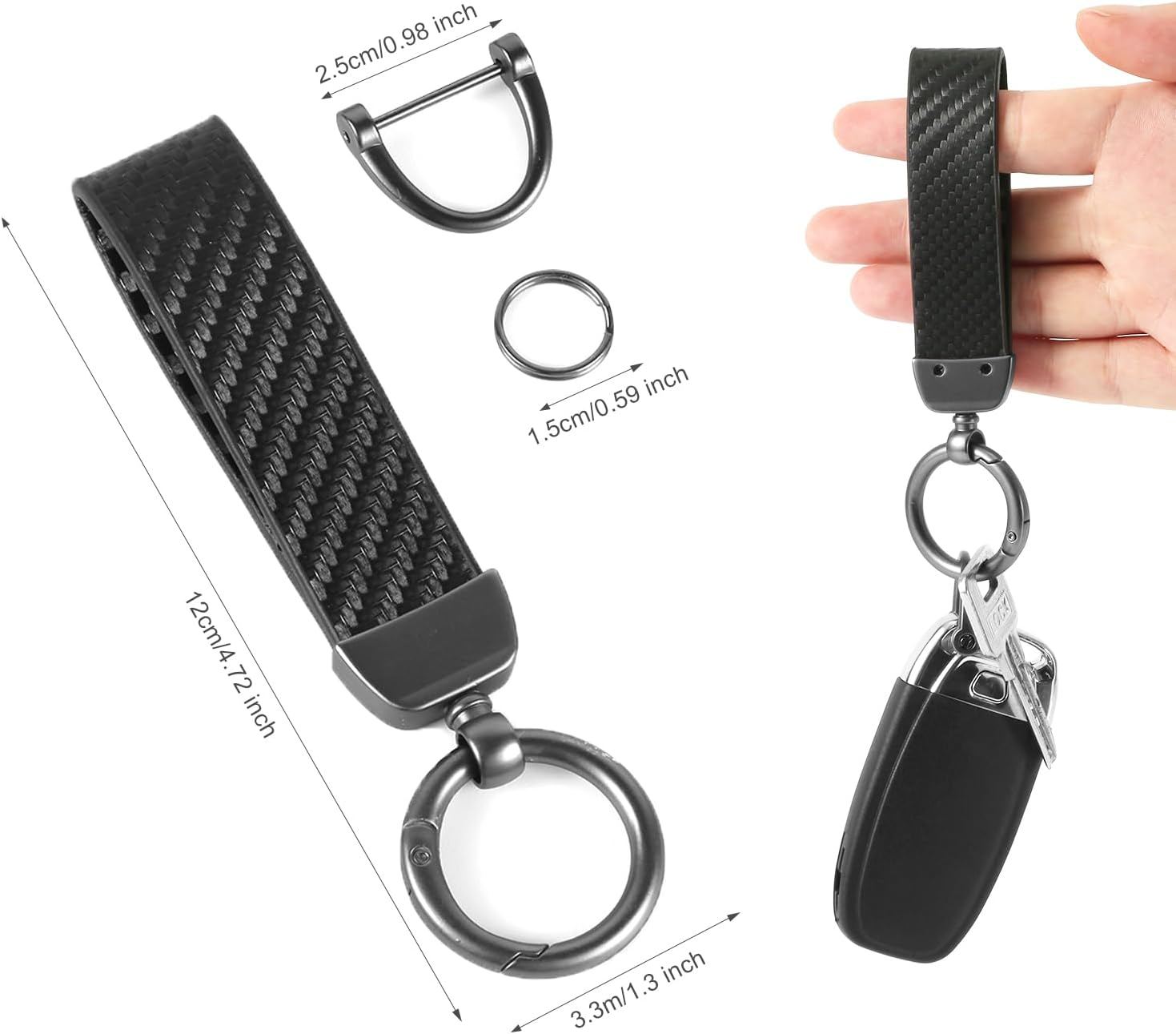 2Pcs Carbon Fiber Leather Car Keychain, 360&deg; Rotatable Swivel Key Chain Holder with Screwdriver for Women Men image number 2