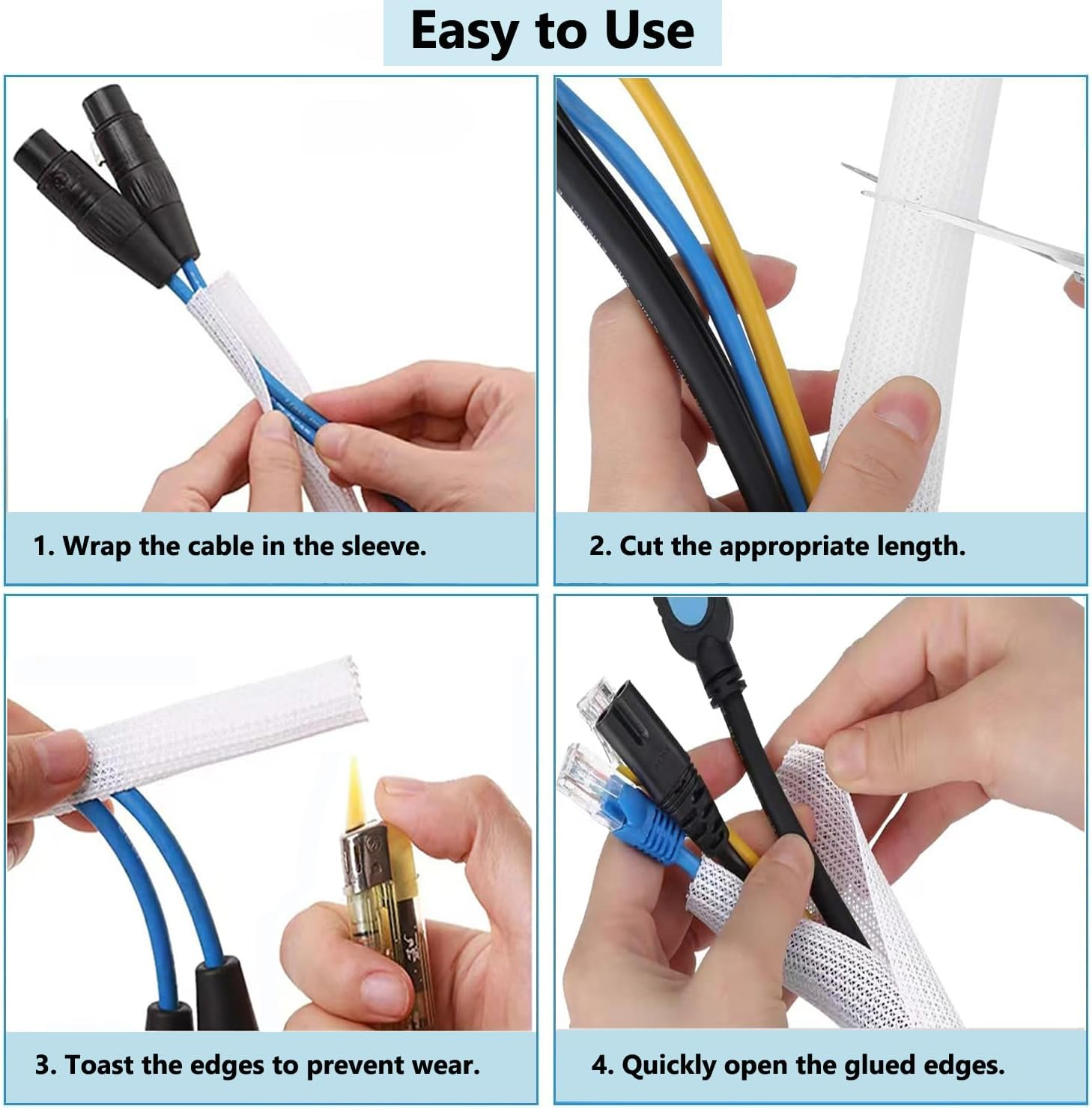 Aieve Cable Organizer, 6.6Ft(2M) Self-Wrap Cable Sleeve, White, Braided, 1/2 Inch inside Diameter, Office & Home, 6.6 Feet image number 3