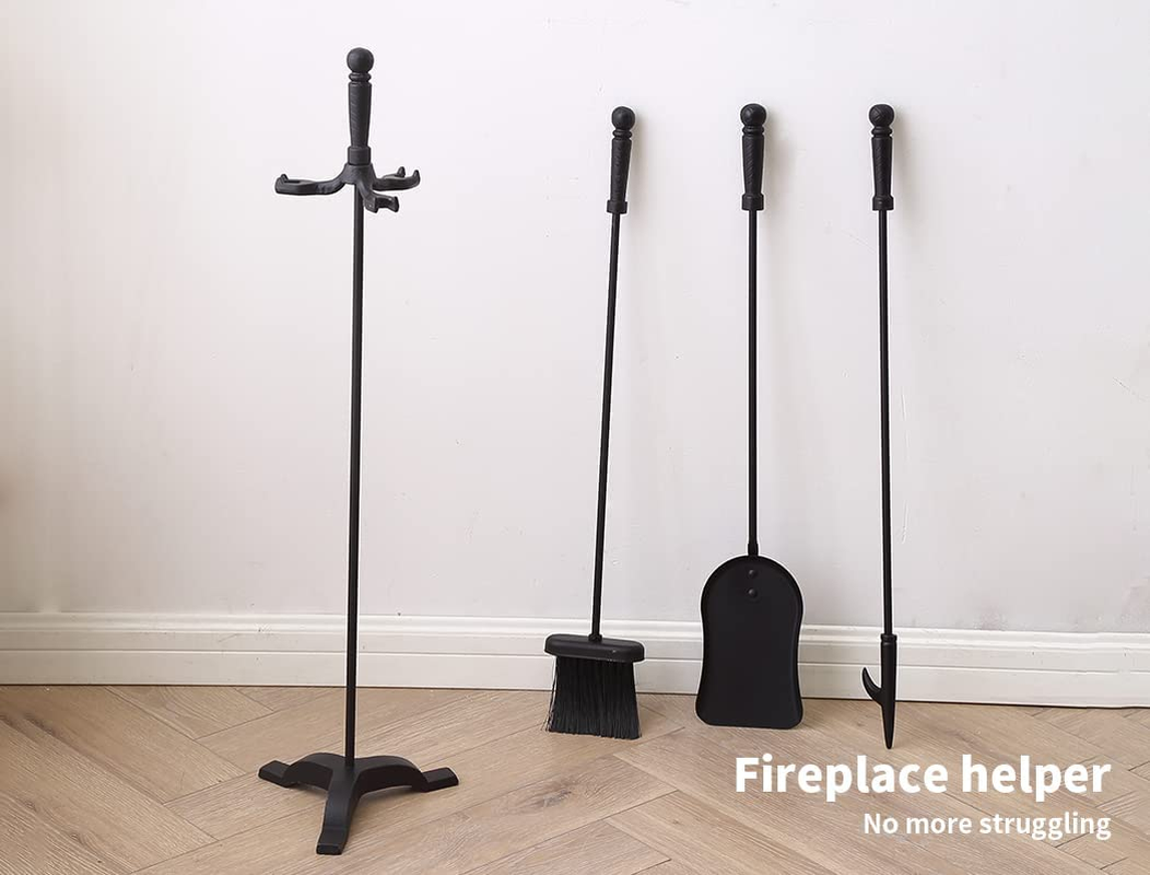 Traderight Fireplace Tool Set with Stand, 4PCS Cast Iron Firepit Tools Accessories Fire Place Poker Brush Shovel Stand image number 4
