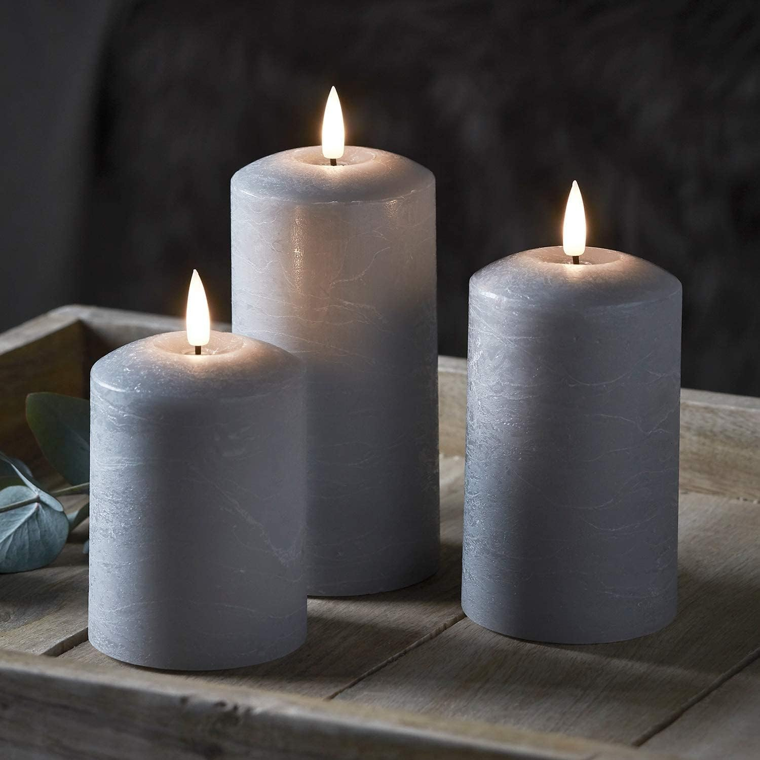 Set of 2 LED Grey Wax Pillar Candles - 3 Size Options - 13.5Cm image number 1