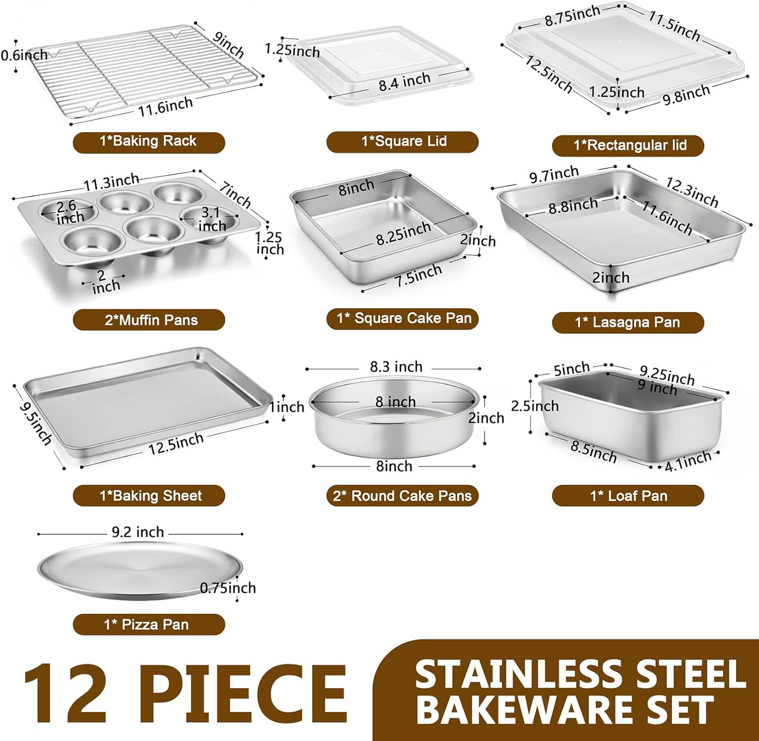 P&P Chef Stainless Steel Bakeware Set, 12-Piece Kitchen Baking Pans Set, Baking Sheet with Rack, Square Cake Pan with Lid, Lasagna Pan, Loaf Pan, Muffin Pan, Pizza Tray & 2 Covers, Easily Clean image number 1