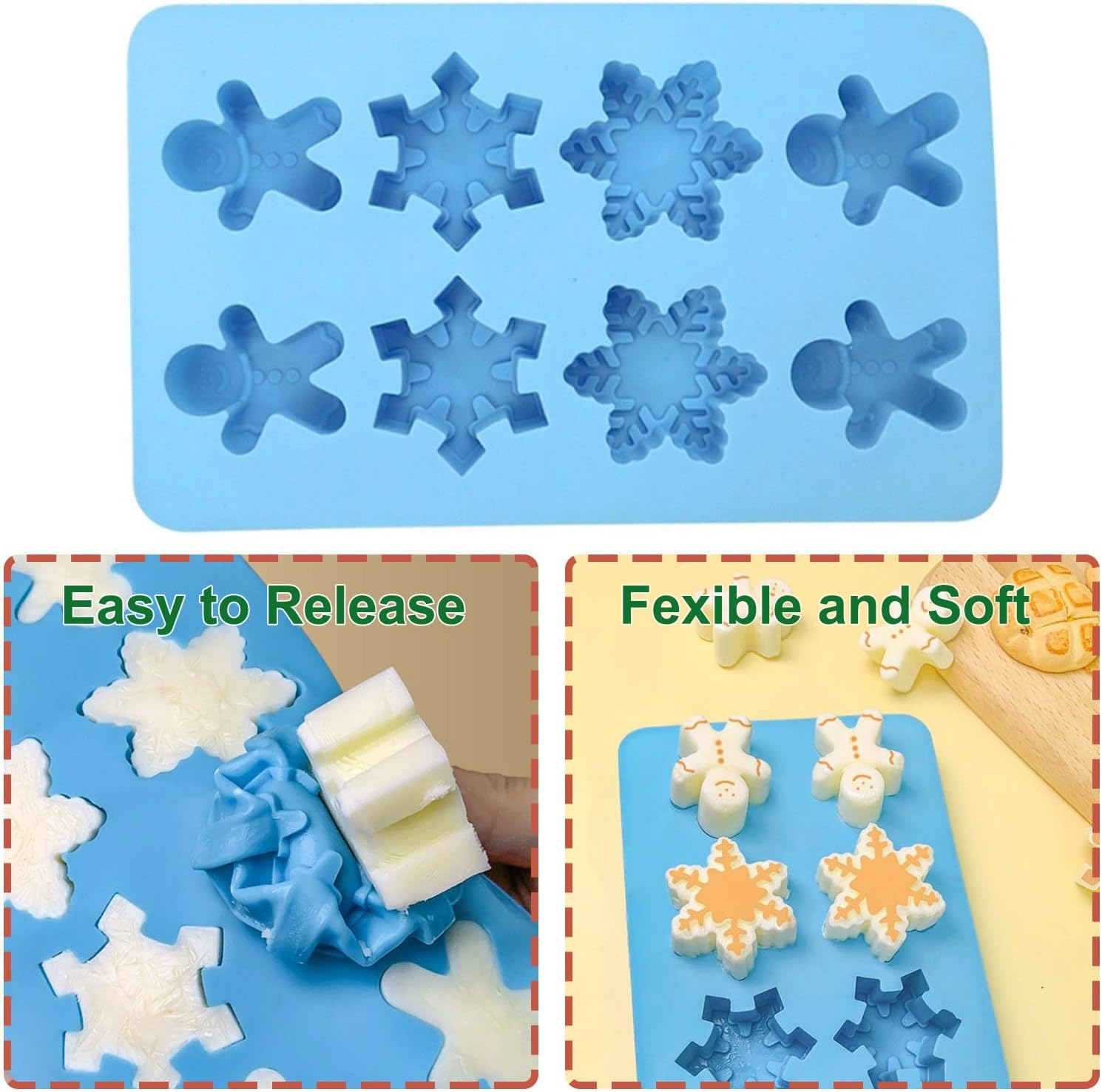 VIKKI Christmas Silicone Molds, 2Packs Snowflake Snowmen Chocolate Moulds 8 Cavities Soap Candy Cake Muffin Jelly Trays Baking Molds for Home Party Christmas Xmas Cake Decoration image number 3