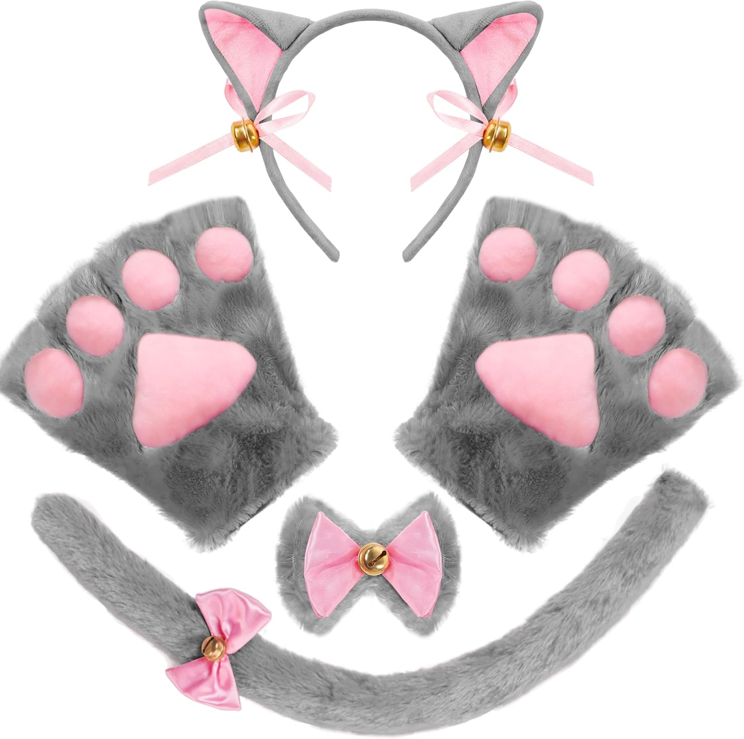 Spooktacular Creations 5 Pc Kitty Cat Halloween Costume Accessory Set with Cat Ears Headband, Paws Gloves, Bow Tie, Tail