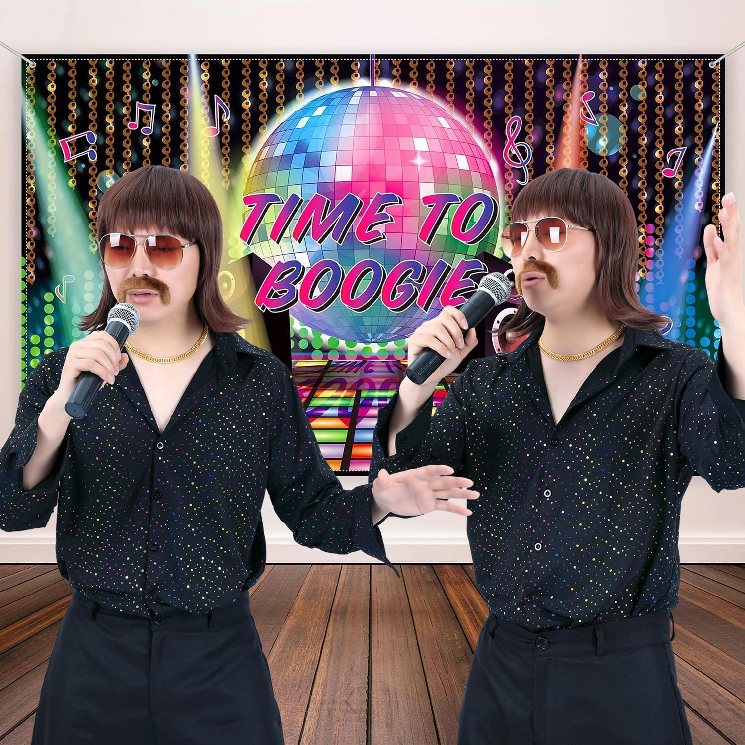 5Pcs Set 70S 80S Disco Wig with Mustache Glasses and Chain | Short Brown Mens Mullet Wig for 60S Singer Rocker Hippies Costume Cosplay Halloween Party