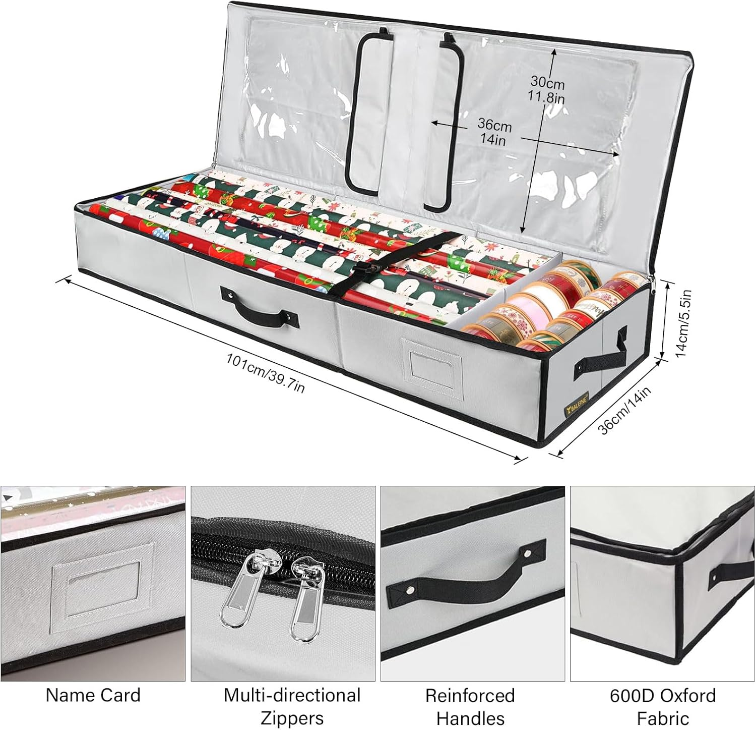 Large Wrapping Paper Storage Box for Christmas Wrapping Paper Holder Fits up to 24 Rolls Durable 600D Oxford Fabric with Extra Pockets for Accessories Packing Roll Storage Containers, Grey image number 2