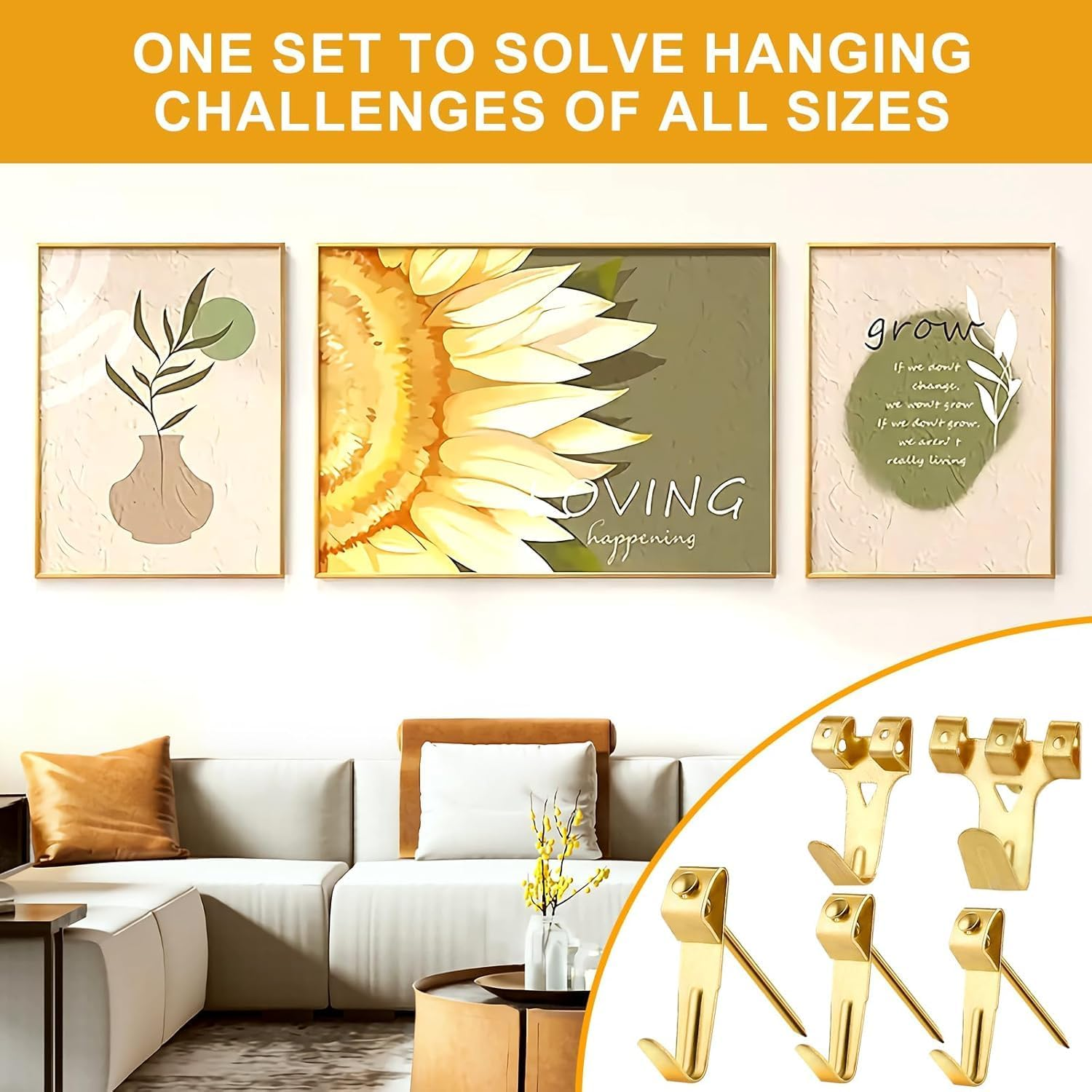 303 Pieces Picture Hanging Kit, Gold Metal Hooks and Nailswith Heavy Duty Picture Hanging Hooks/Hardware Nails/Sawtooth/Wire/D Rings/Level,Professional Wall Mount Hardware Set image number 6