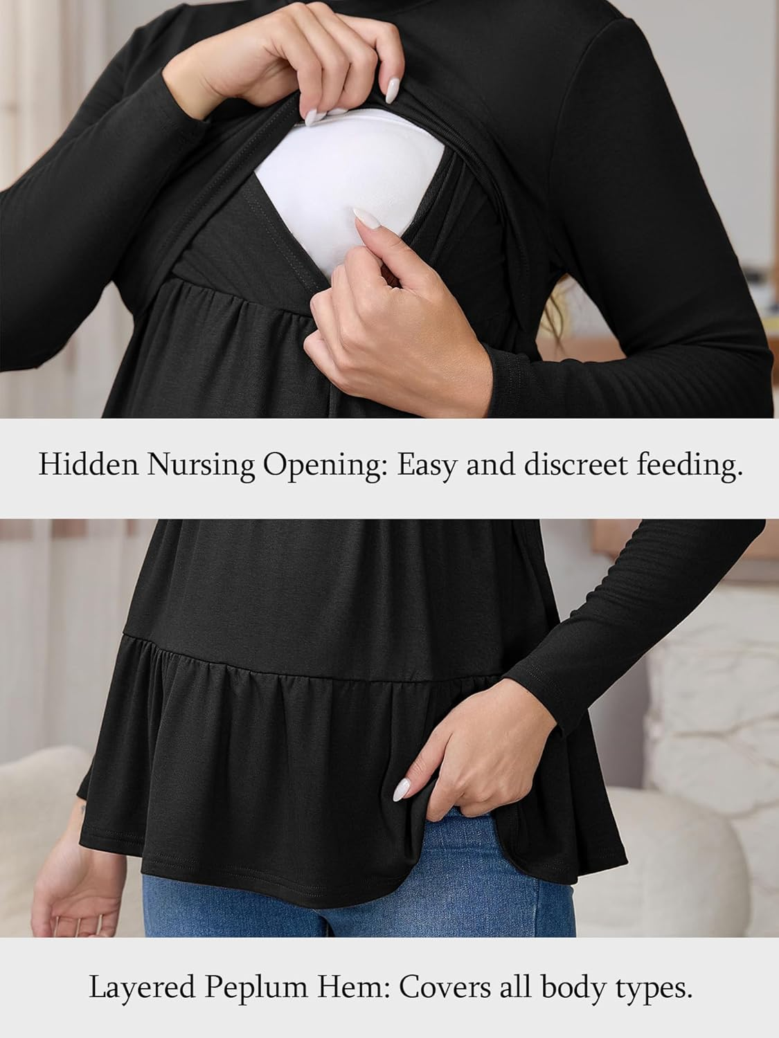Cheibear Womens Nursing Top Ruffle Pleated Long Sleeve Tunic Rayon Postpartum Breastfeeding Shirt Pregnancy Clothes Black Large