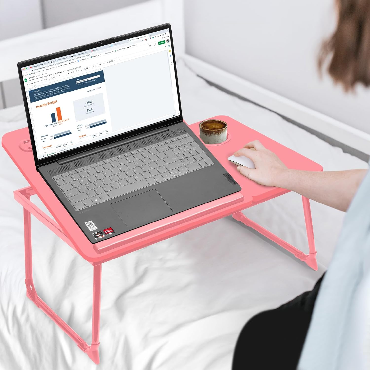 Cloudtrip plus XL Adjustable 17In Laptop Desk with Light, USB Port, Ipad Holder, Drawer Storage - Larger 23.6IN Adjustable Lap Desk for Bed, Home Office, Breakfast Tray, Fordable Legs Desk (Pink) image number 3