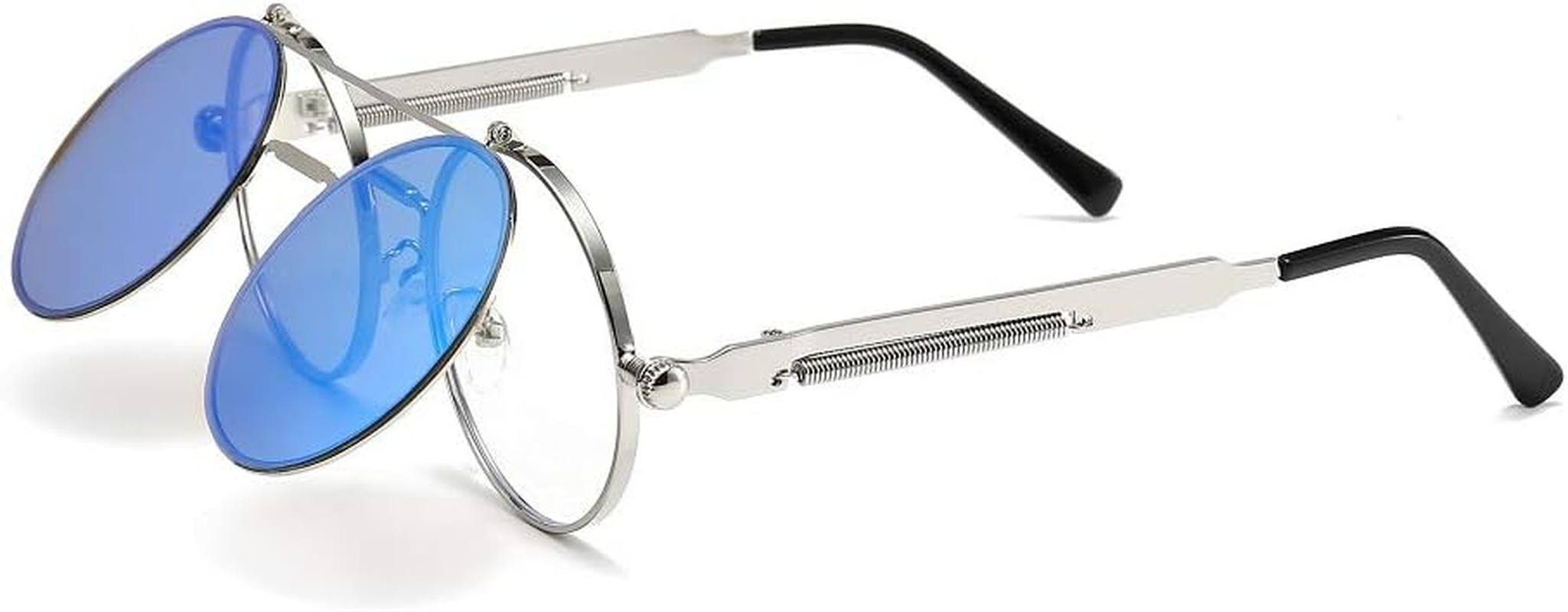 Vintage round Flip up Steampunk Sunglasses Retro Clamshell Punk Eyewear Metal Circle Glasses for Men Women image number 2