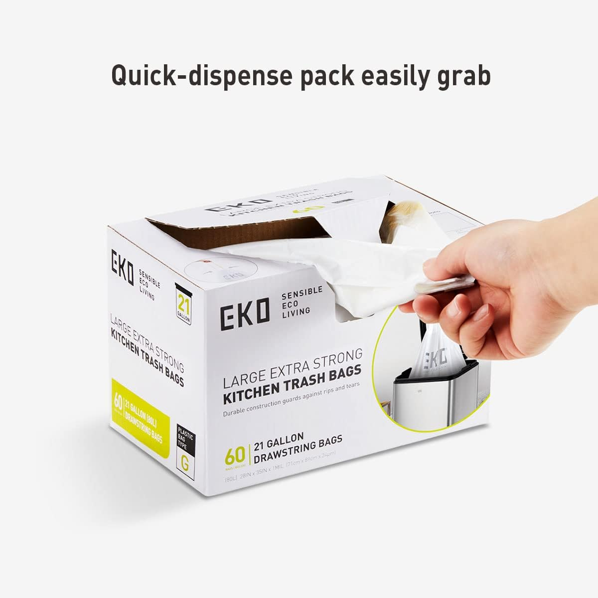 EKO 50&ndash;90L Drawstring Rubbish Bags, 60-Pack Easy-Dispense Roll, Extra-Strong & Leak-Resistant Bin Liners, 21 Gallon, White &ndash; Heavy Duty Kitchen & Household Bags, Code G image number 6