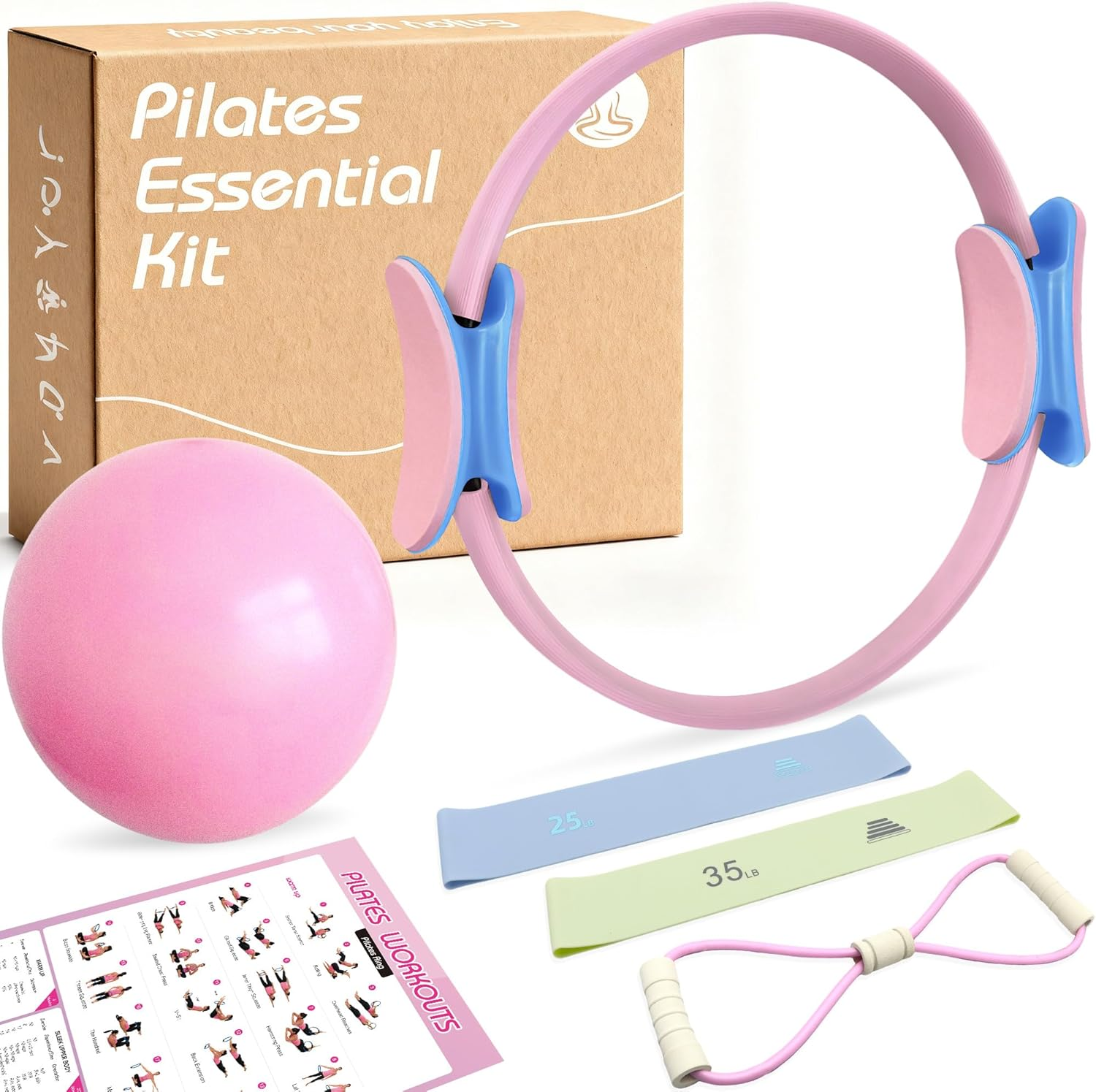 Pilates Ball Ring Home Kit Set - Yoga Essential Equipment Including Pilates Circle, 2 Silicone Resistance Bands, Mini Yoga Ball and Back Opener Rope