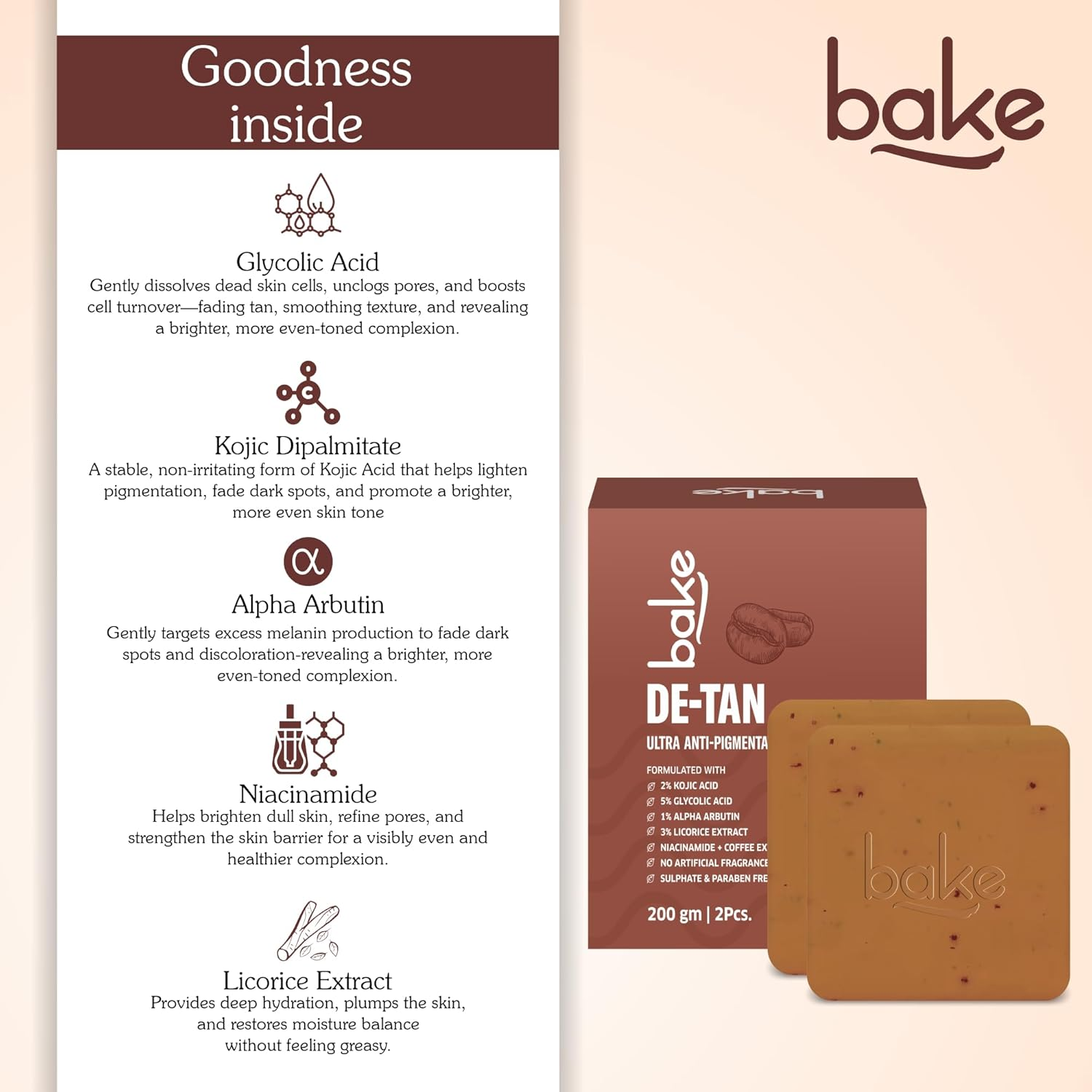BAKE De-Tan Scrub Treatment Coffee Soap (200Gms Pack of 2) | Ultra Pigmentation Soap | with 2% Kojic Acid, 1% Glycolic Acid, 1% Alpha Arbutin | | for Pigmentation, Dark Spots & Tan image number 3