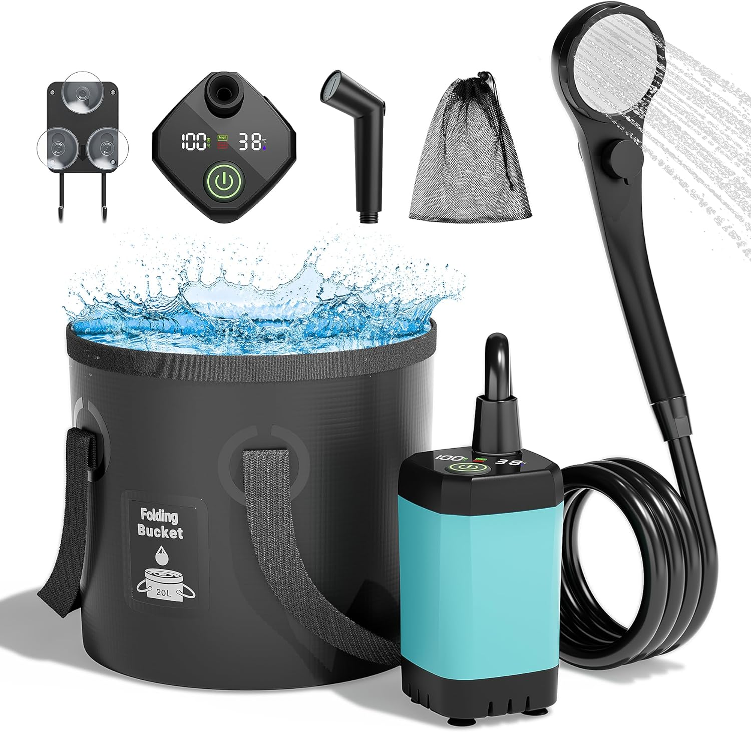 Mytrix Portable Shower 8000Mah Rechargeable Camping Shower Pump with 20L Foldable Bucket, 5 Spray Modes, IPX8, Ideal for Outdoor Camping, Travel, Car Washing, Pet Bathing, and Watering Plants