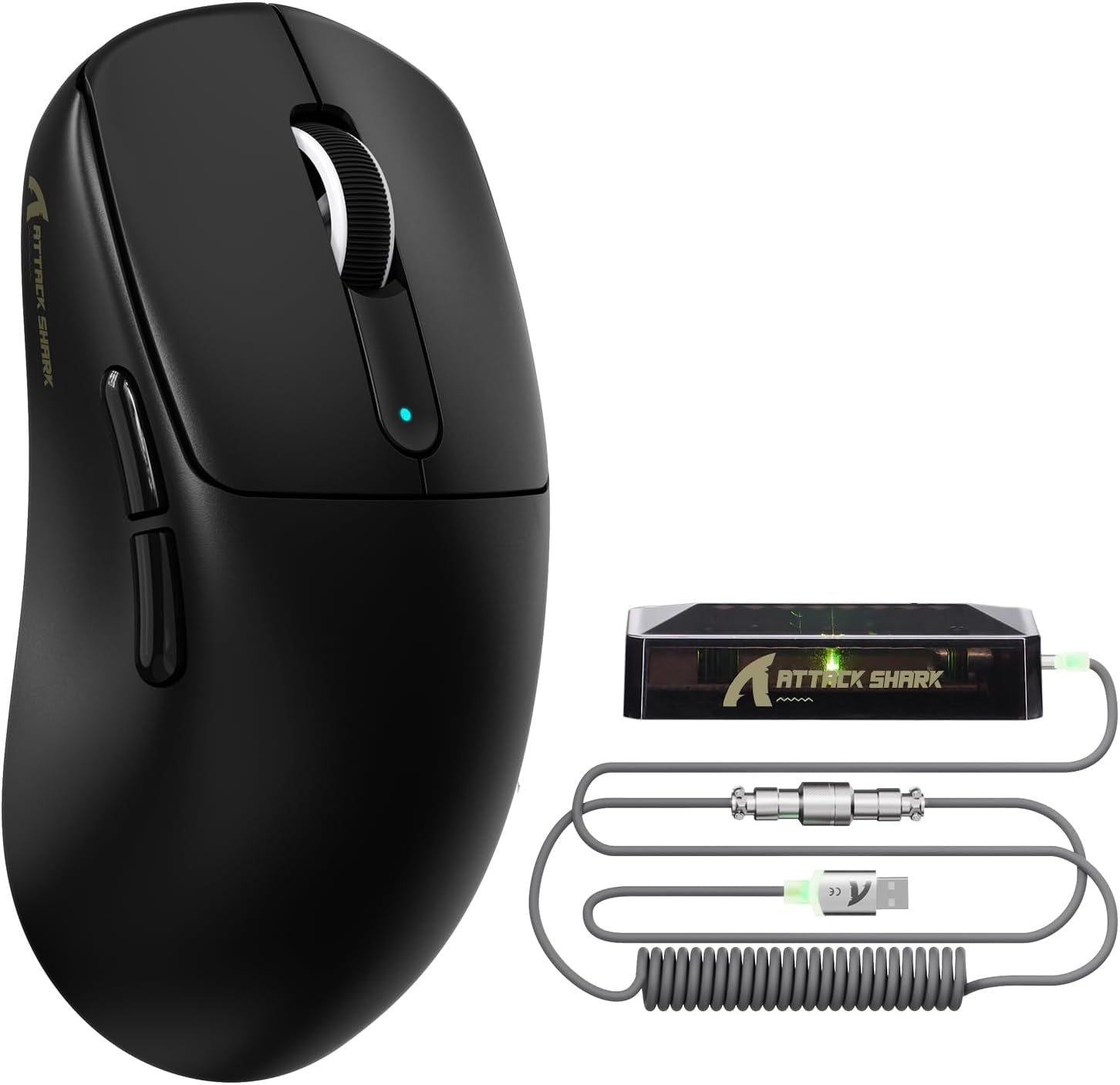 ATTACK SHARK V5 Wireless Gaming Mouse 55G Ultra-Lightweight PAW3950MAX 42K DPI Sensor 8000Hz Polling Rate Tri-Mode-Bluetooth/2.4Ghz/Wired Mice with Coiled Cable for Large Hand-White&Tape