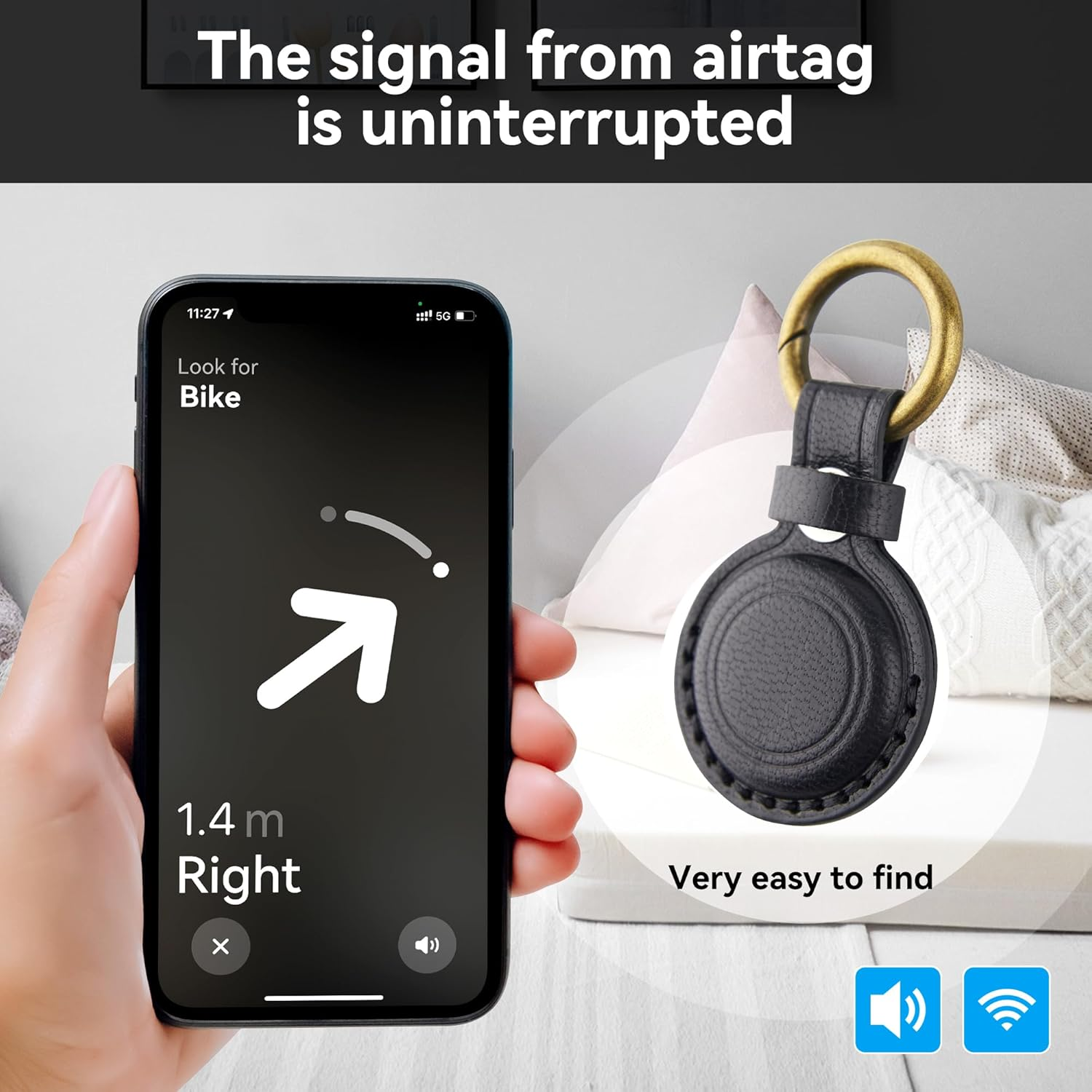 [1 Pack] Keychain Holder Case for Airtag, Genuine Leather for Airtag Holder with Keyring Hanging on Dog Collar Backpacks Wallet, Safety Anti-Lost Case Cover with Key（Black） image number 3