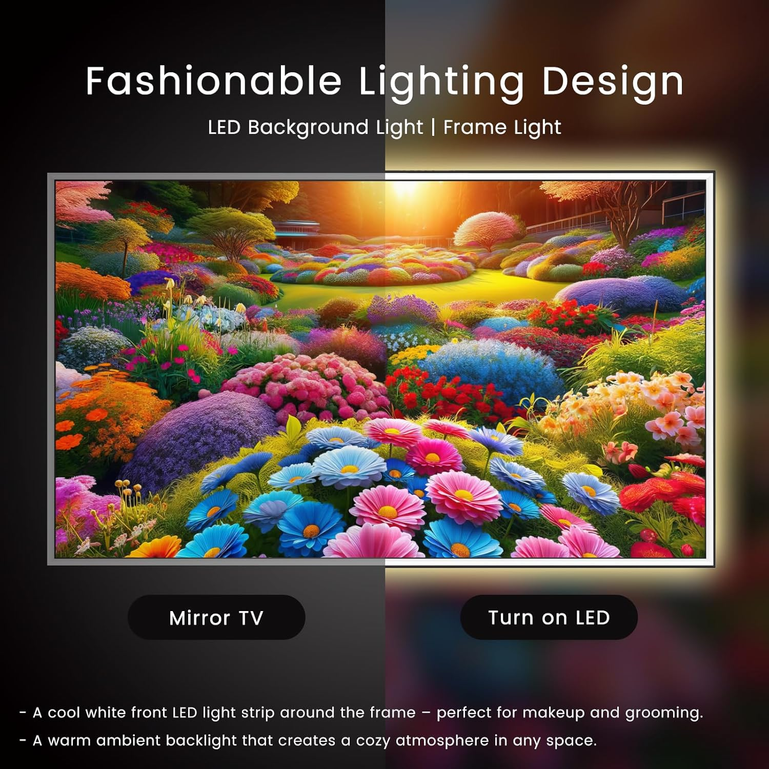 Elecsung 43 Inch LED Light Mirror TV 4K Screen Decoration Makeup LED Mirror ATSC Goog-Le System Voice Control Built-In DTV Tuner