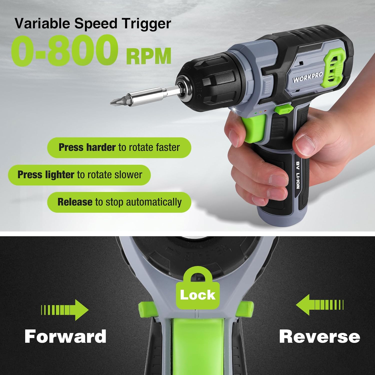 WORKPRO 8V Cordless Drill Driver Set, Electric Screwdriver 9.5 Mm Keyless Chuck, Max Torque 12 N&middot;M, 2 Ah Battery with 21 Pcs Accessories and Single Layer Stack & Carry Box, Ideal for Home DIY Project - Pink image number 4